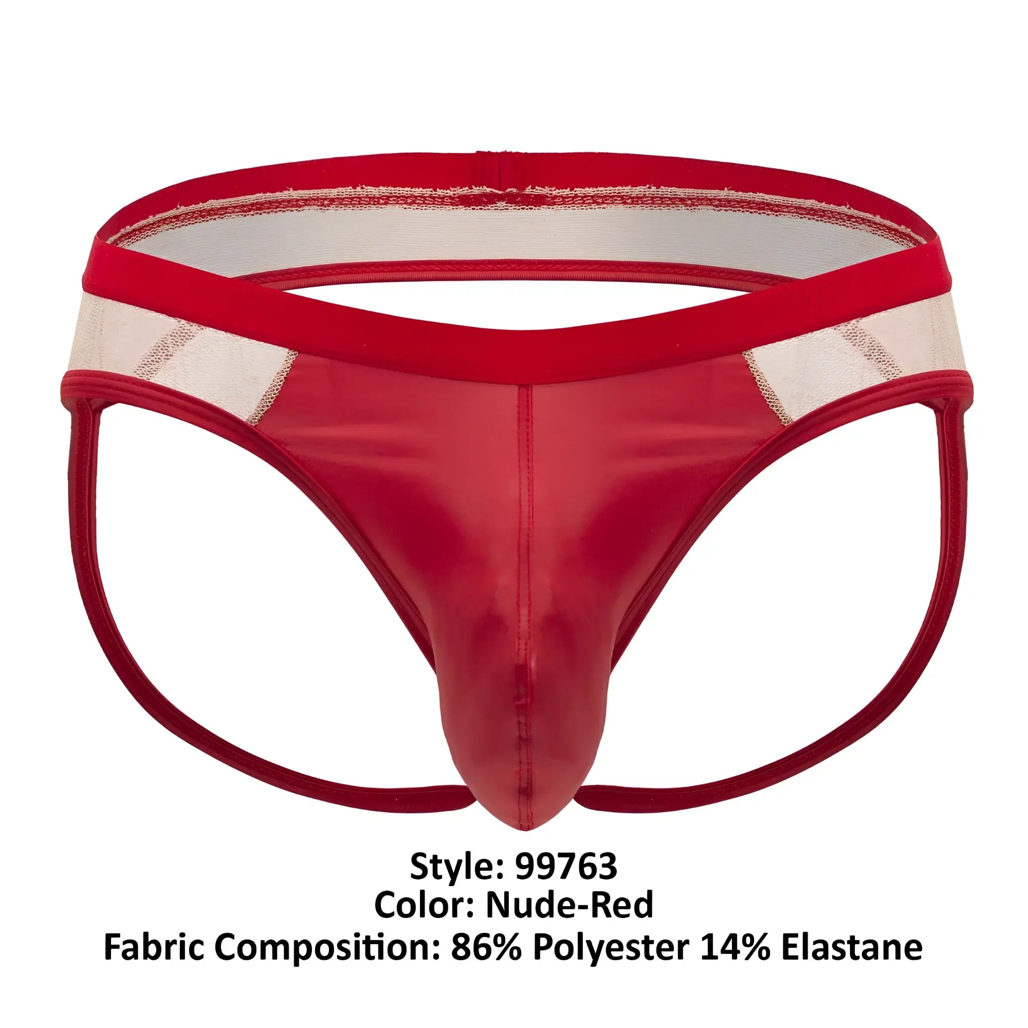 CandyMan 99763 lace jockstrap in nude-red with shiny polyester elastane blend and beige mesh waistband panel