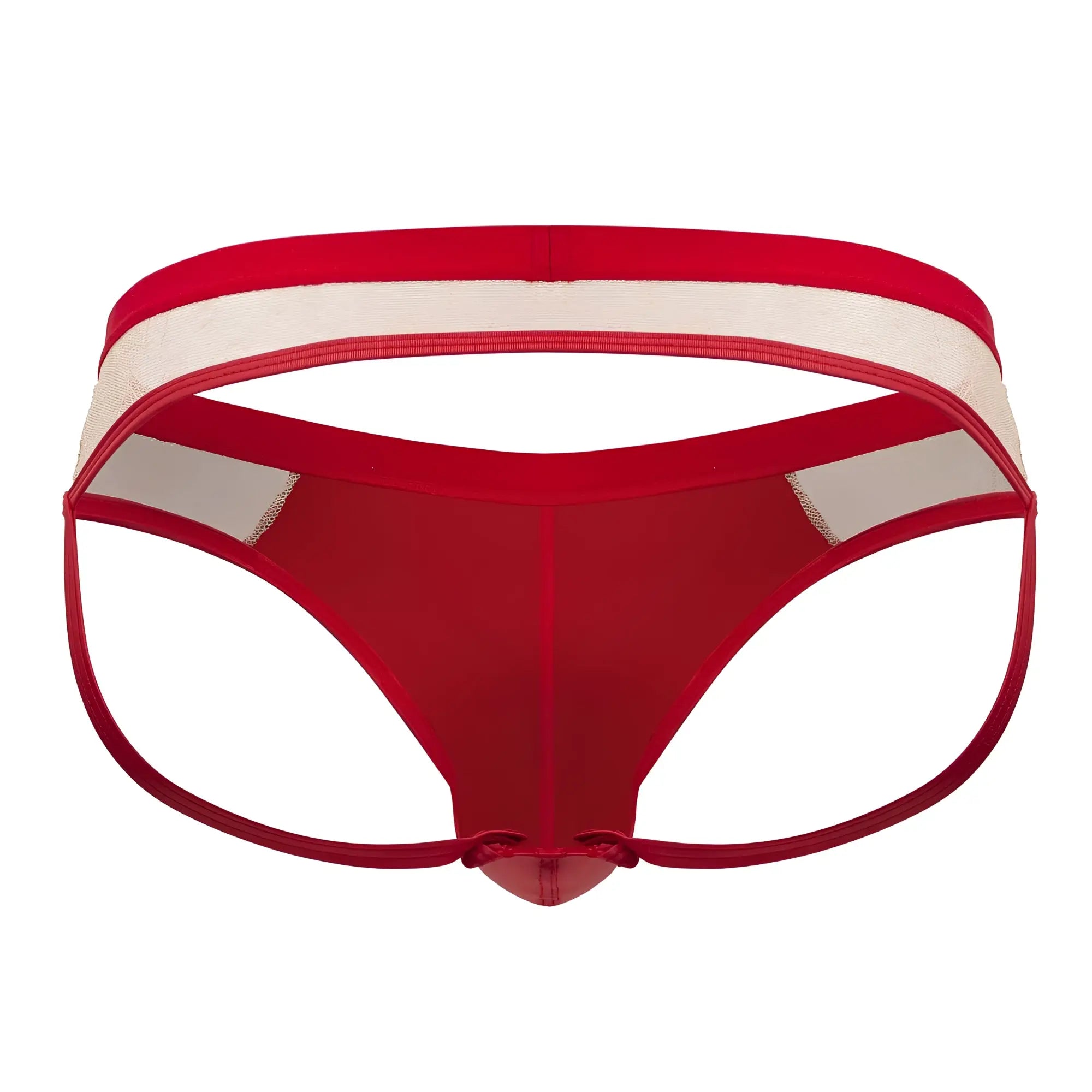 Candyman 99763 lace jockstrap in nude red featuring a red and white mesh thong with solid red front panel