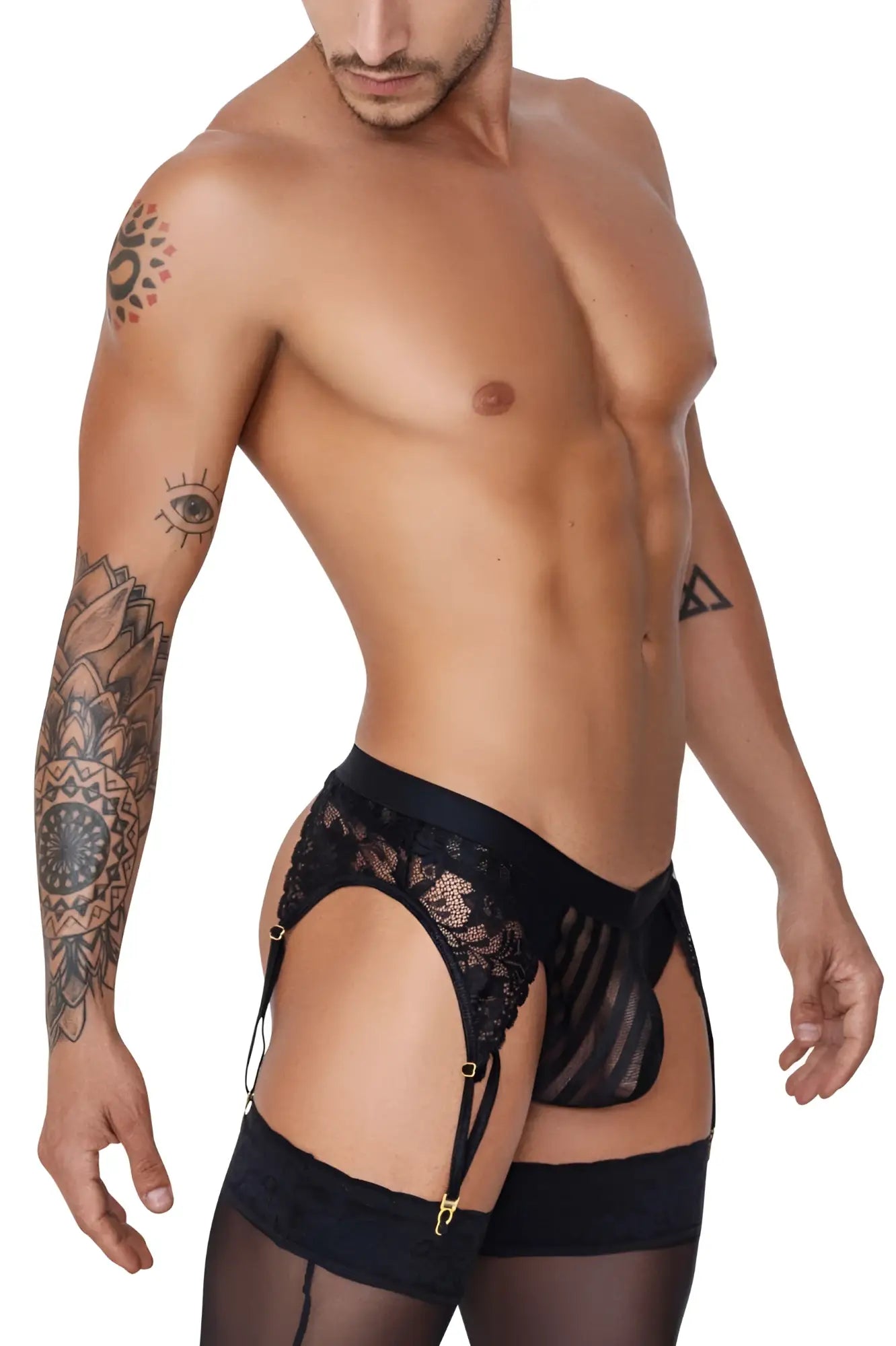 Black lace candyMan 99766 garter thongs with gold-toned hardware and matching sheer stockings