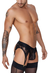Black lace candyMan 99766 garter thongs with gold-toned hardware and matching sheer stockings