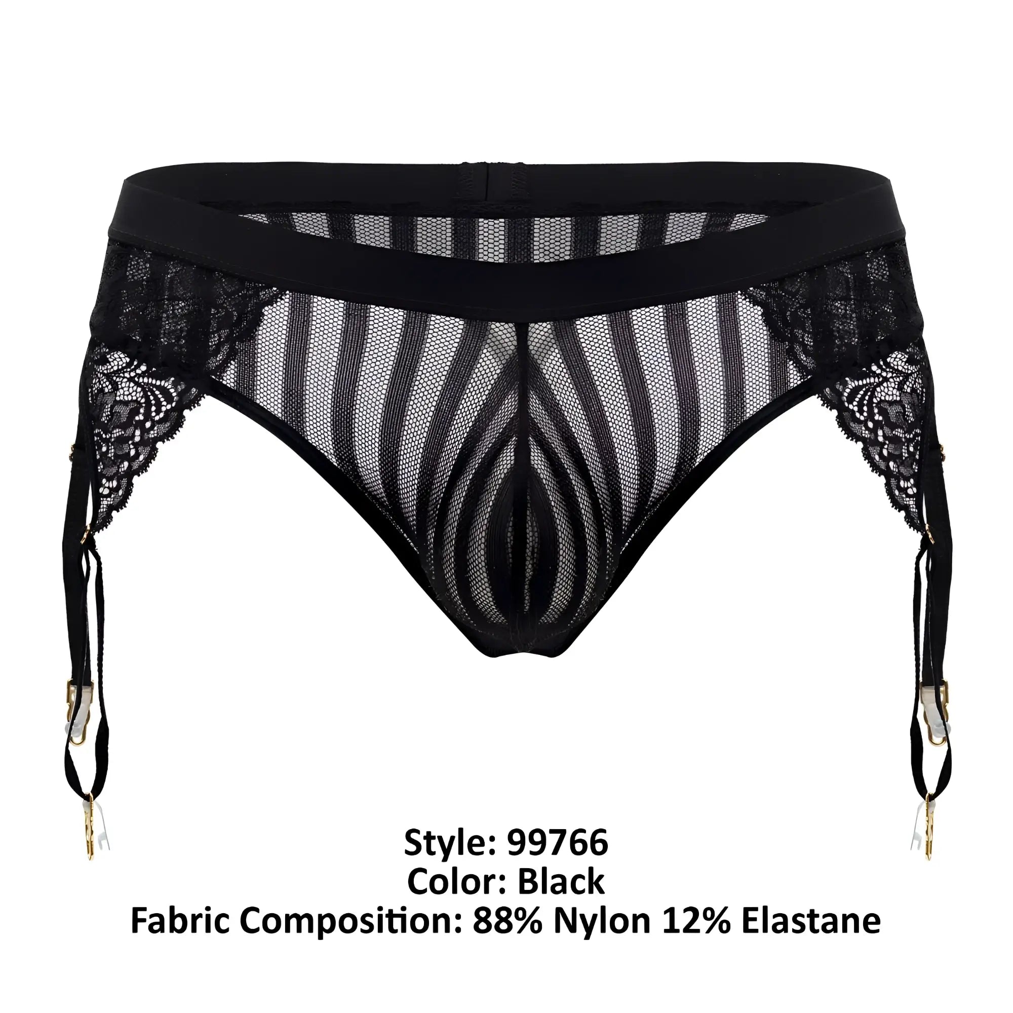 Black lace CandyMan 99766 garter thongs with sheer mesh striped pattern and gold-toned clasps in black