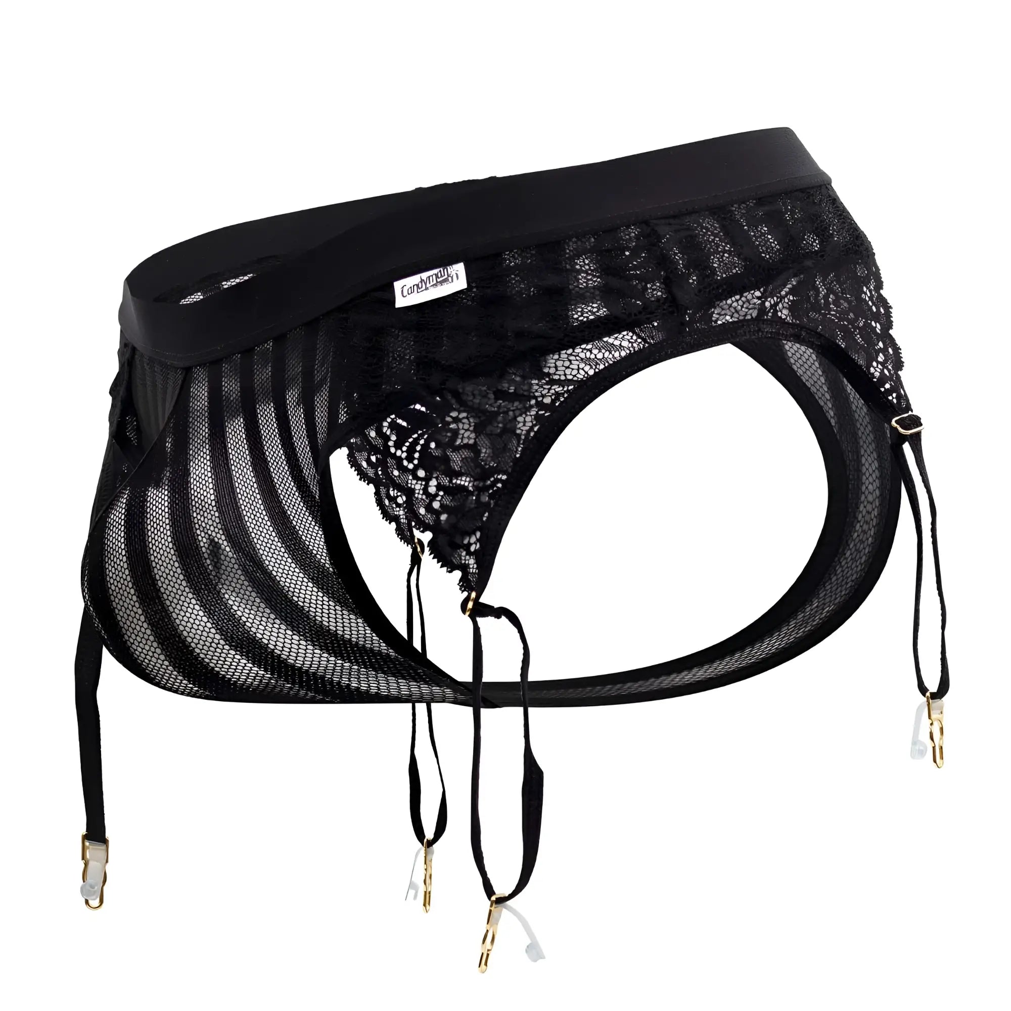 CandyMan 99766 black garter thong featuring black lace mesh and gold toned clasps