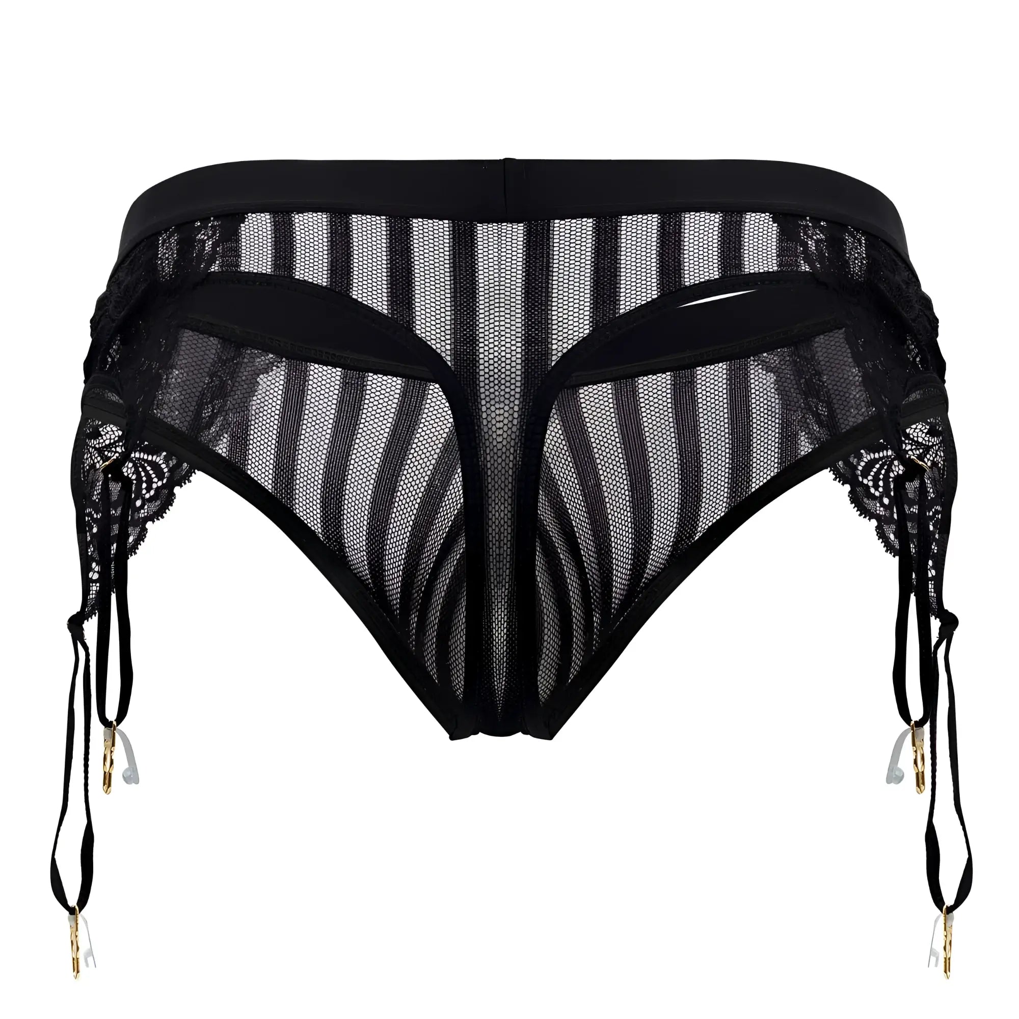 CandyMan 99766 black lace and mesh garter thong with striped pattern and gold toned clips