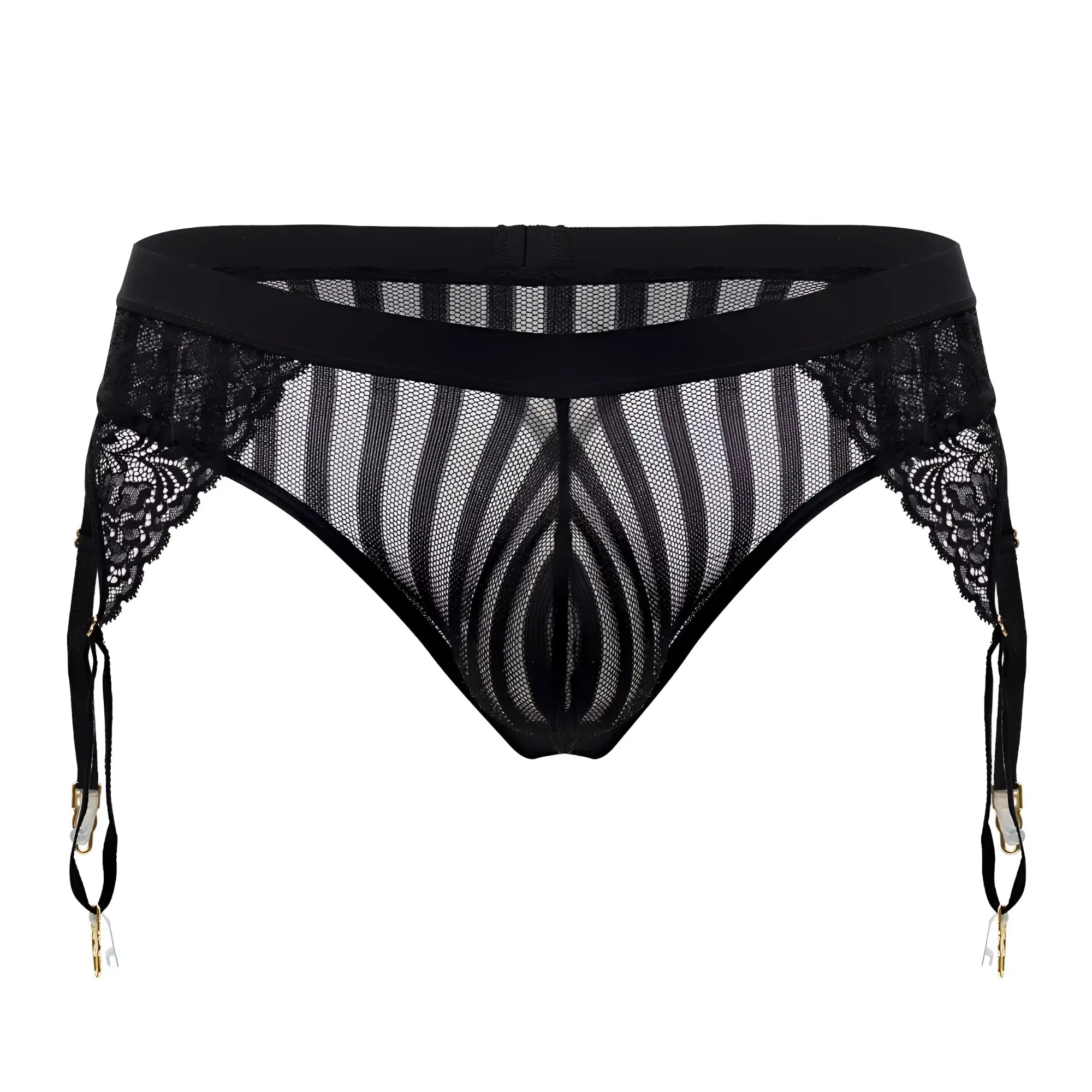 CandyMan 99766 black garter thong with black lace-trimmed mesh garter belt striped pattern and gold-toned clasps