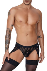 CandyMan 99766 black garter thongs with sheer mesh front black lace trim and adjustable garter straps