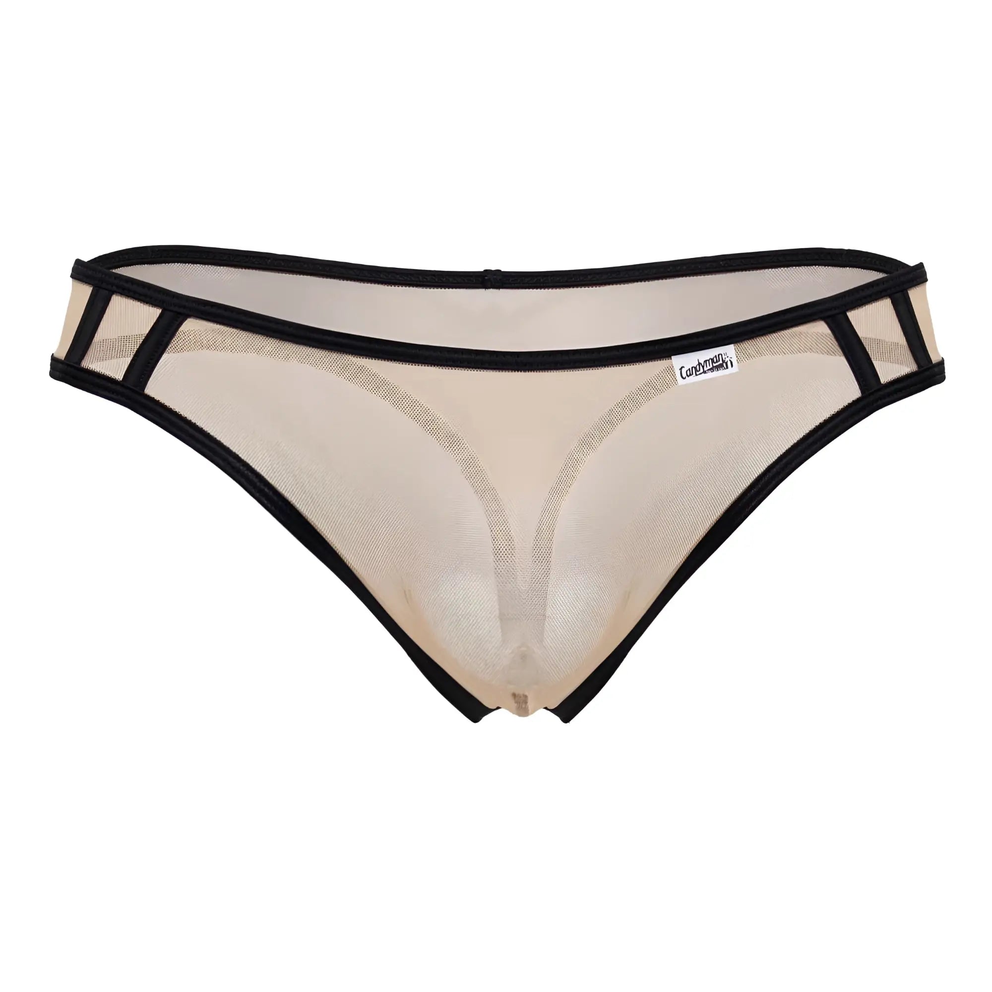 Beige candyman 99767 sports mesh thong with black trim and small white brand tag made of breathable mesh material
