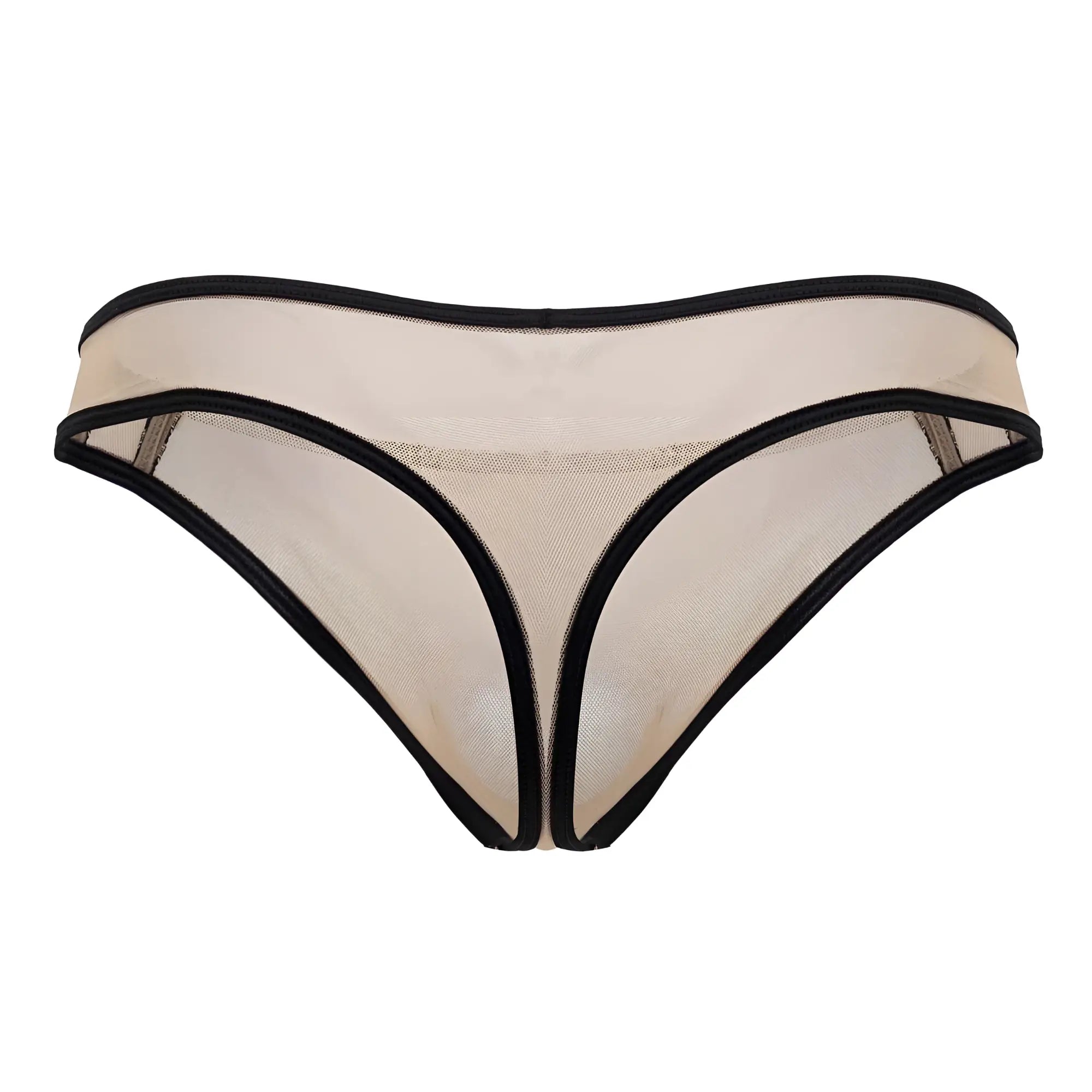 Beigemesh thong with black trim from candyman 99767 sports mesh thongs collection shown from the back side