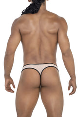 Beigecolored candyman 99767 sports mesh thong with black trim showing front side made of breathable mesh material