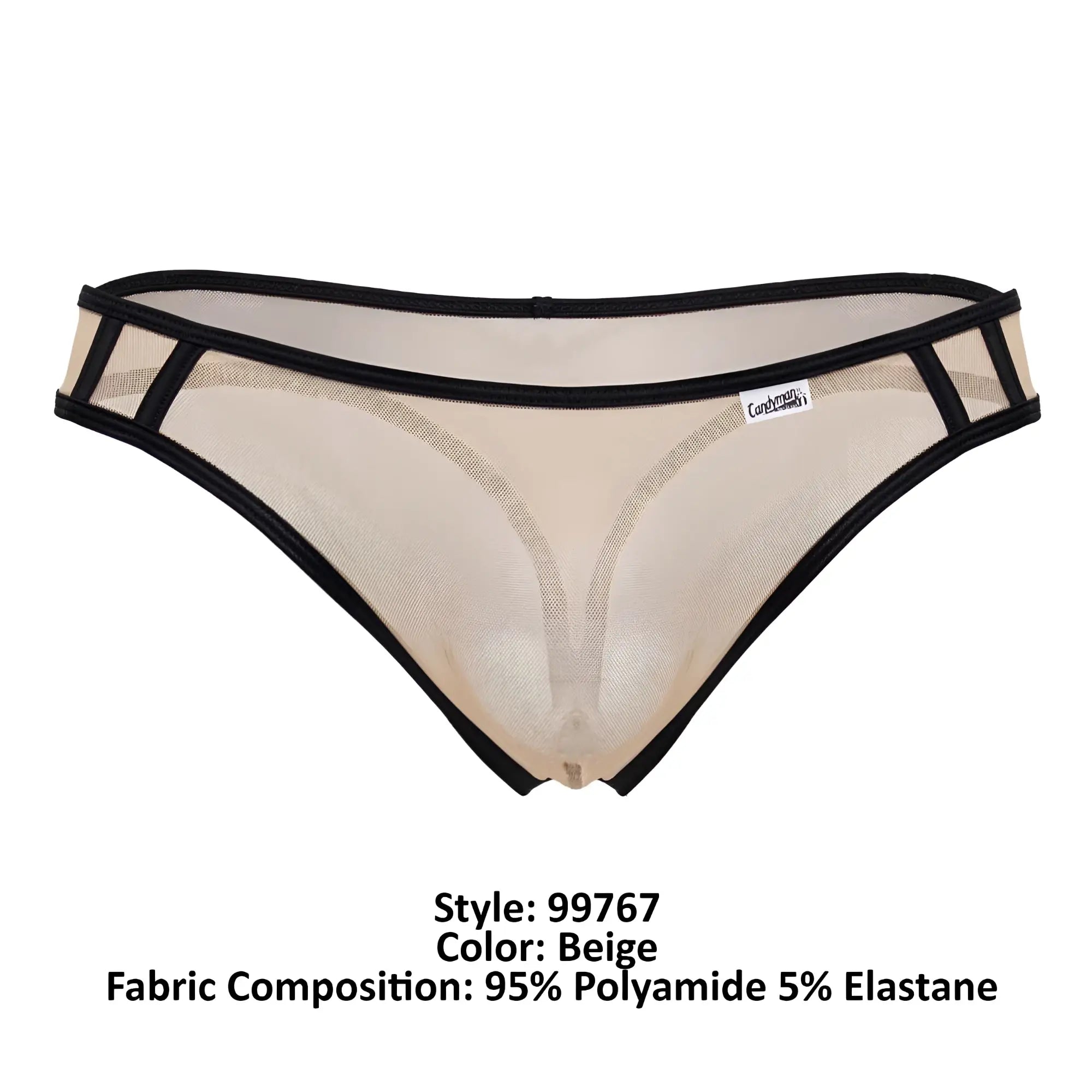 Beige CandyMan 99767 sports mesh thong with black trim and small brand tag made of breathable mesh material