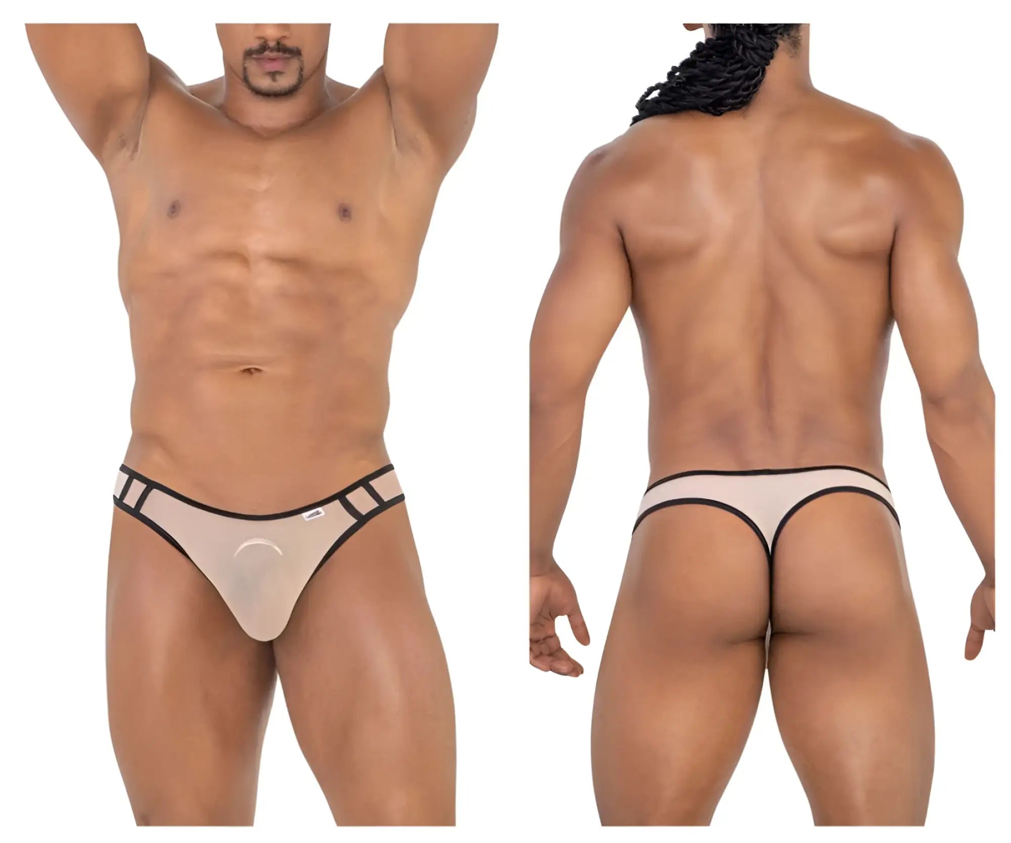 Beige candyman 99767 sports mesh thong with black trim and logo on the waistband showing the front side