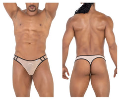 Beige candyman 99767 sports mesh thong with black trim and logo on the waistband showing the front side