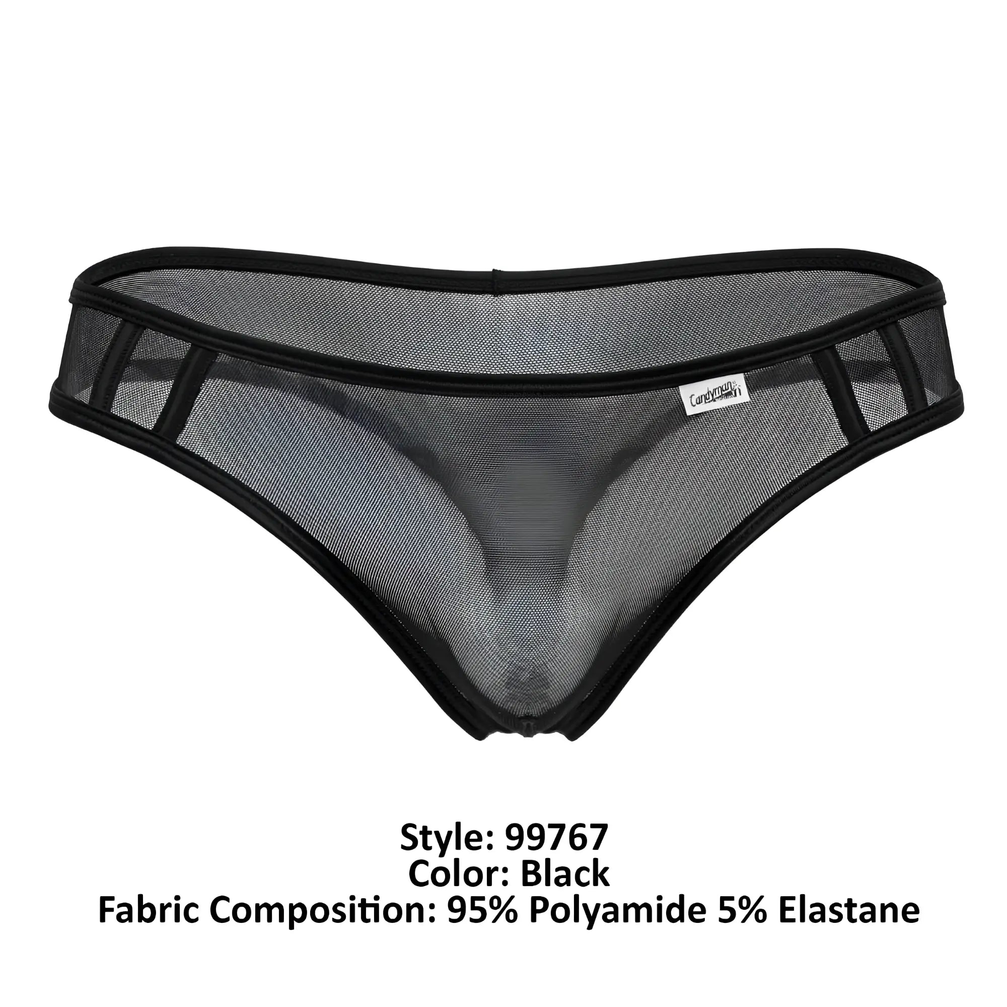 Black mesh briefs with black elastic trim and a small white brand tag from candyman 99767 sports mesh thongs color black