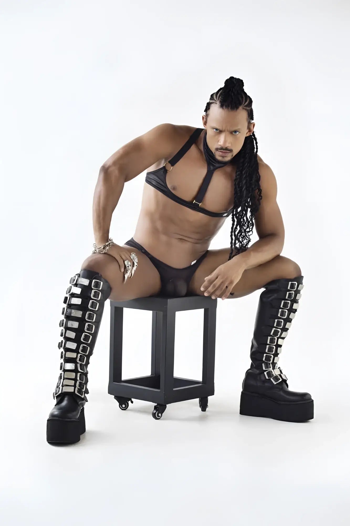 Black platform boots candyMan 99767 with silver rectangular buckles along the sides in sporty mesh material