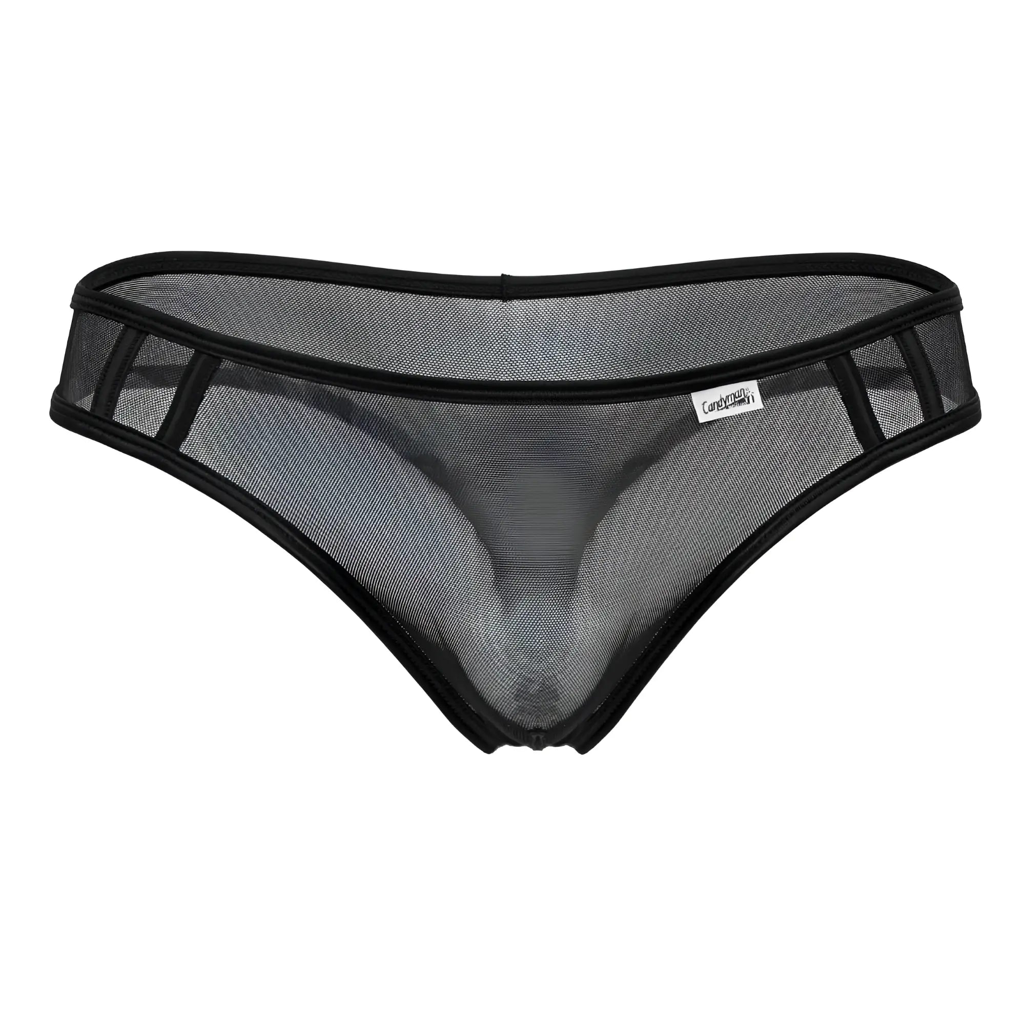 Black CandyMan 99767 sports mesh thong with sleek transparent design and reinforced black trim front view