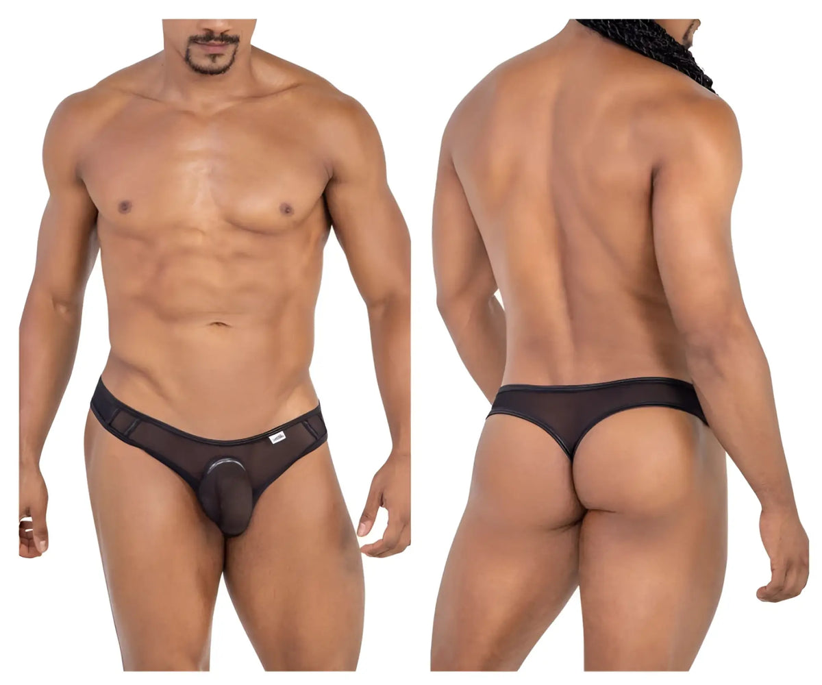 Black mesh thong with solid front panel and white logo on left hipband from candyMan 99767 sports mesh thongs