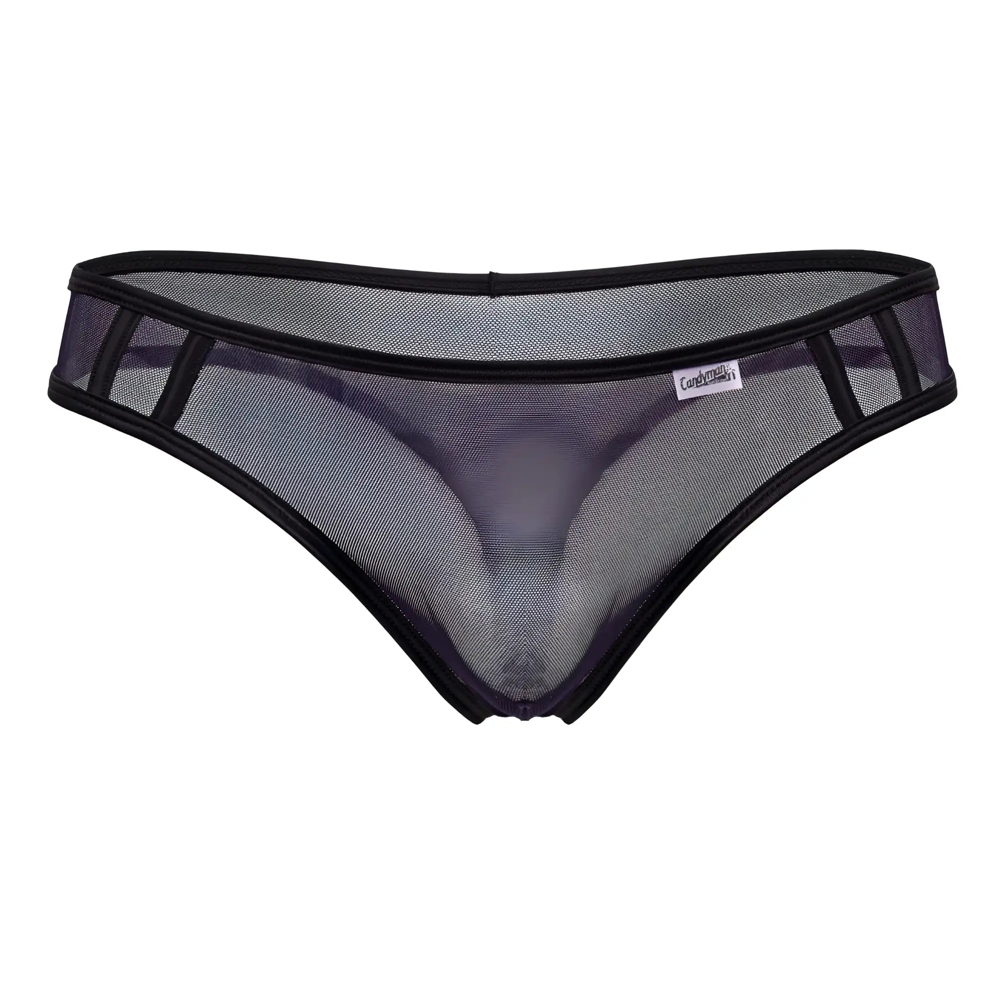 Black CandyMan 99767 sports mesh thong with reinforced trim and small brand tag in navy color