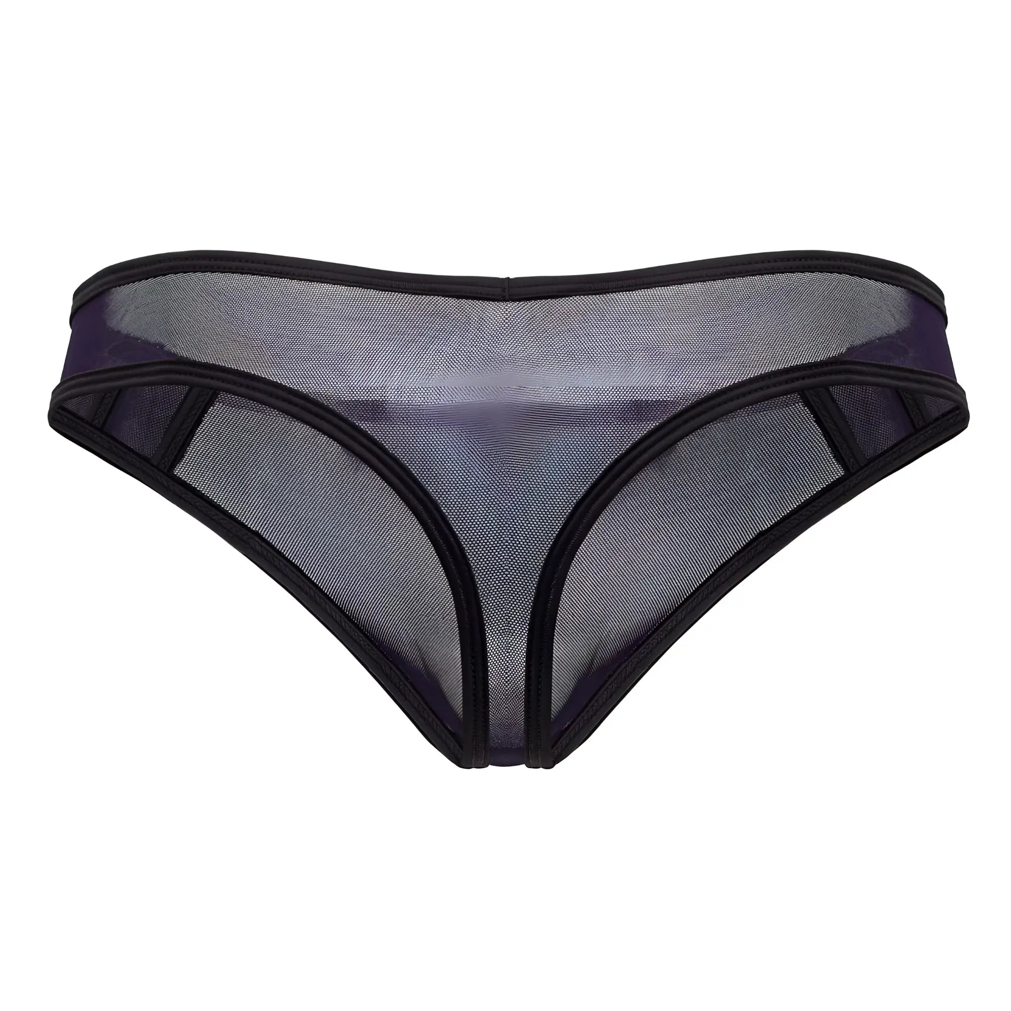 CandyMan 99767 navy sports mesh thong with sheer translucent mesh and solid black trim front view