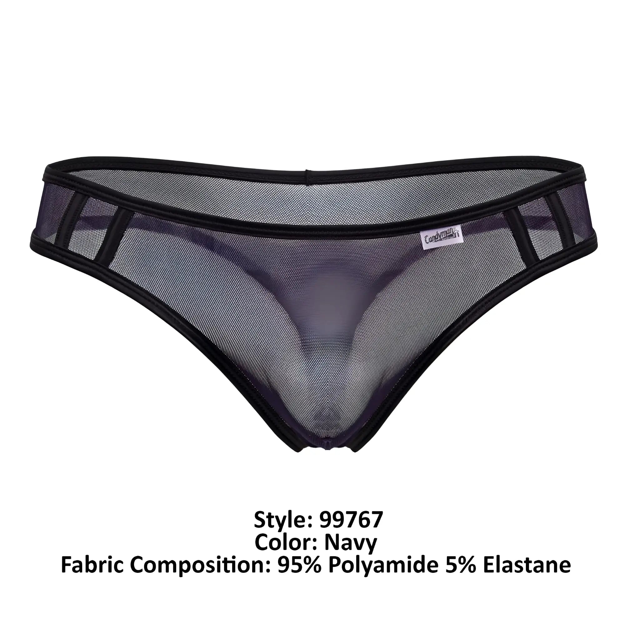 Navy mesh briefs with black trim and subtle CandyMan brand tag from sports mesh thongs collection