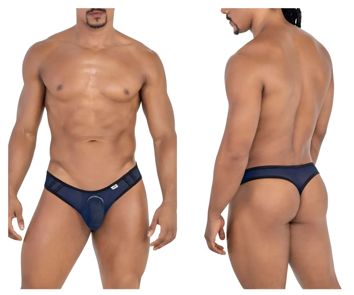 Navy blue CandyMan 99767 sports mesh thong briefs with black trim and subtle side logo for athletic wear