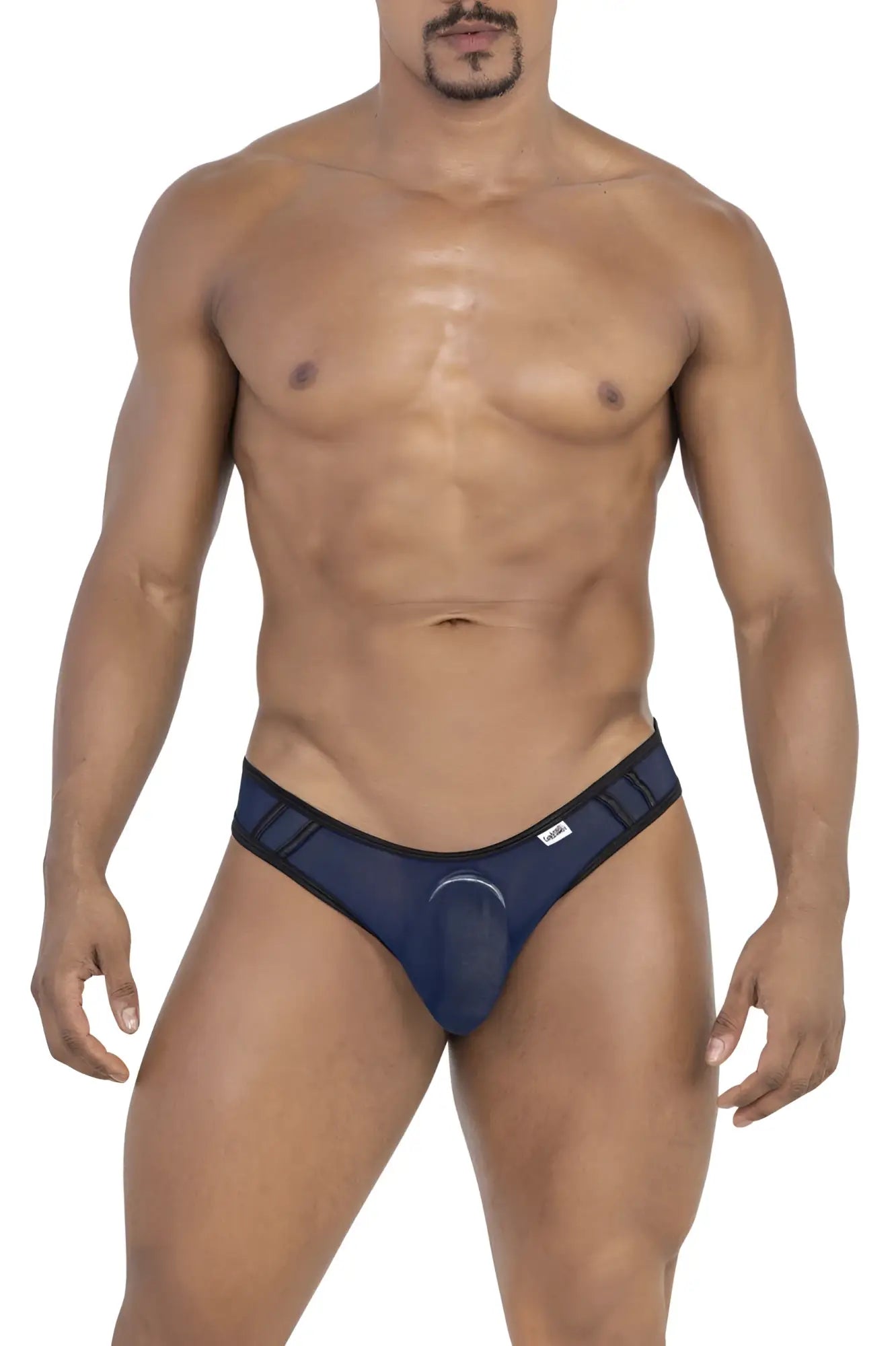 Navy CandyMan 99767 sports mesh thong briefs with black trim and central circular cutout in navy blue mesh material
