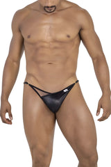 Black leather thong bikini with gold-tone hardware and a small white brand tag from candyman 99768 peekaboo bikini color black