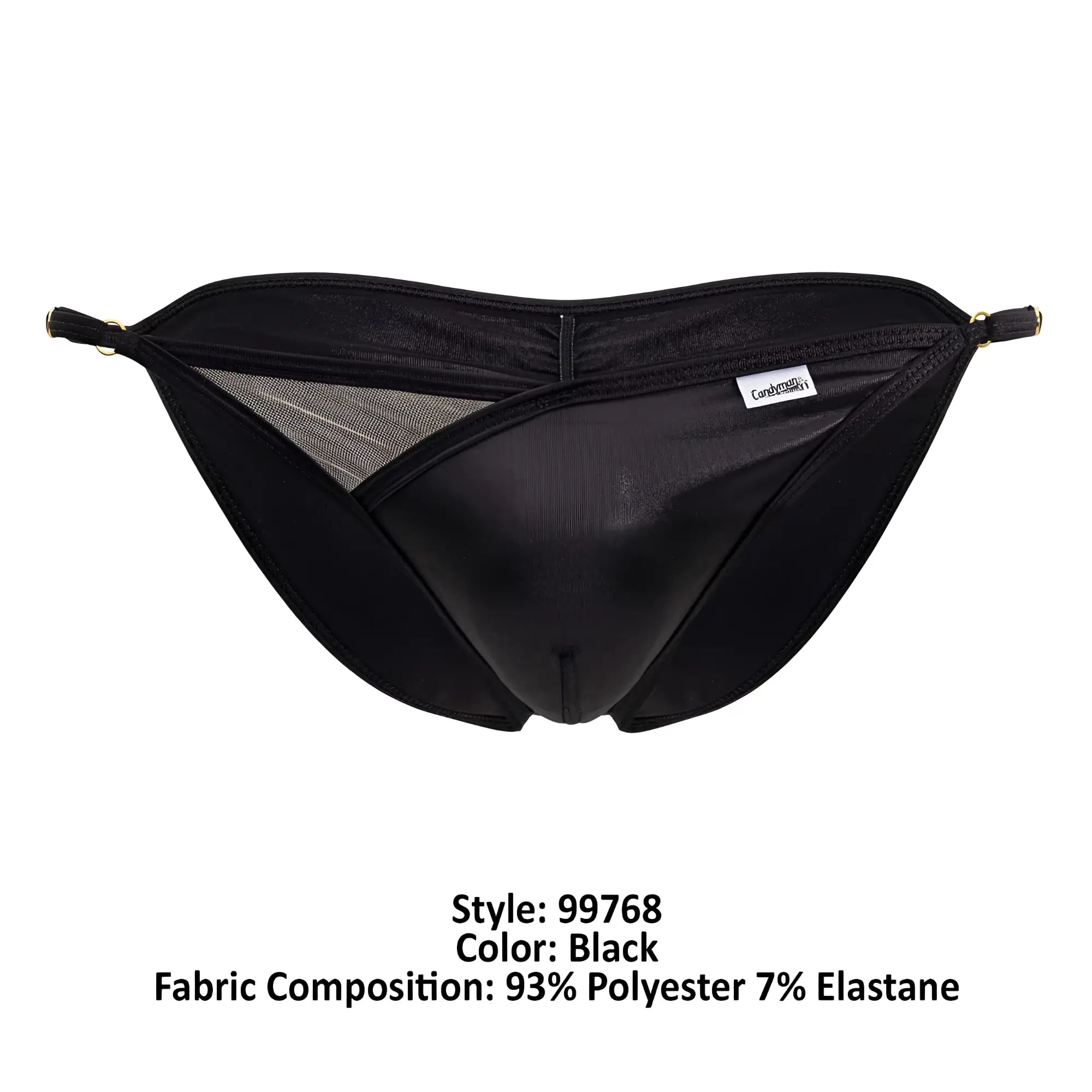 Black CandyMan 99768 peekaboo bikini briefs with shiny exterior and mesh side paneling for a sleek fit