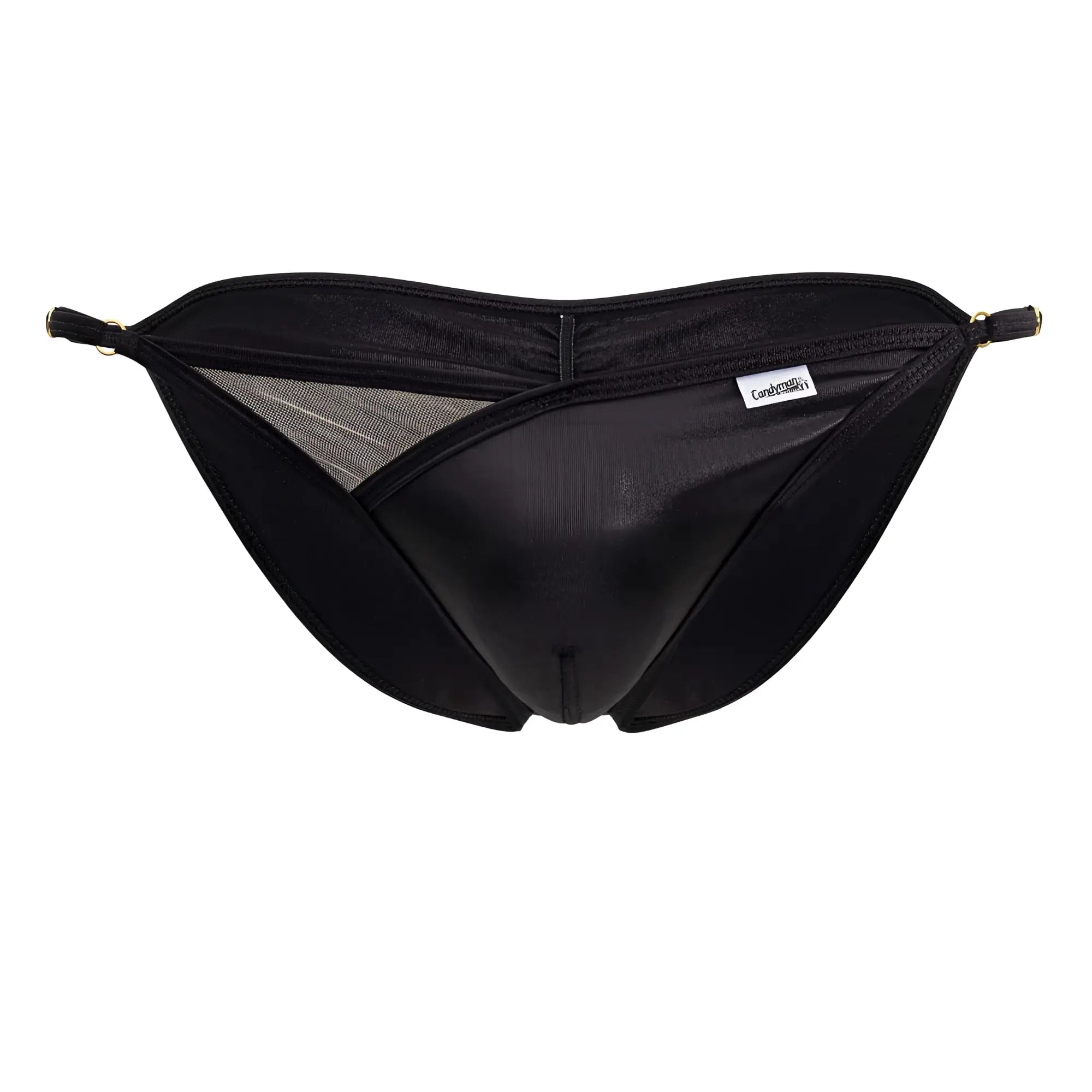 Black satin-like CandyMan 99768 Peekaboo bikini briefs with mesh panel and gold-toned hardware in black color