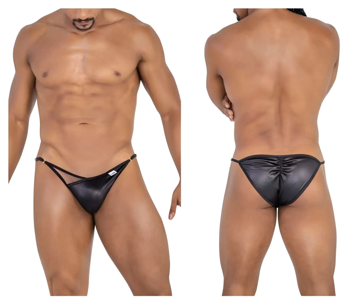 CandyMan 99768 peekaboo bikini black faux leather thong with ruched back and thin side ties showing back side