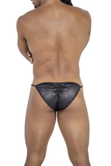 Black shiny faux leather thong bikini with ruched back design from candyman 99768 peekaboo bikini collection