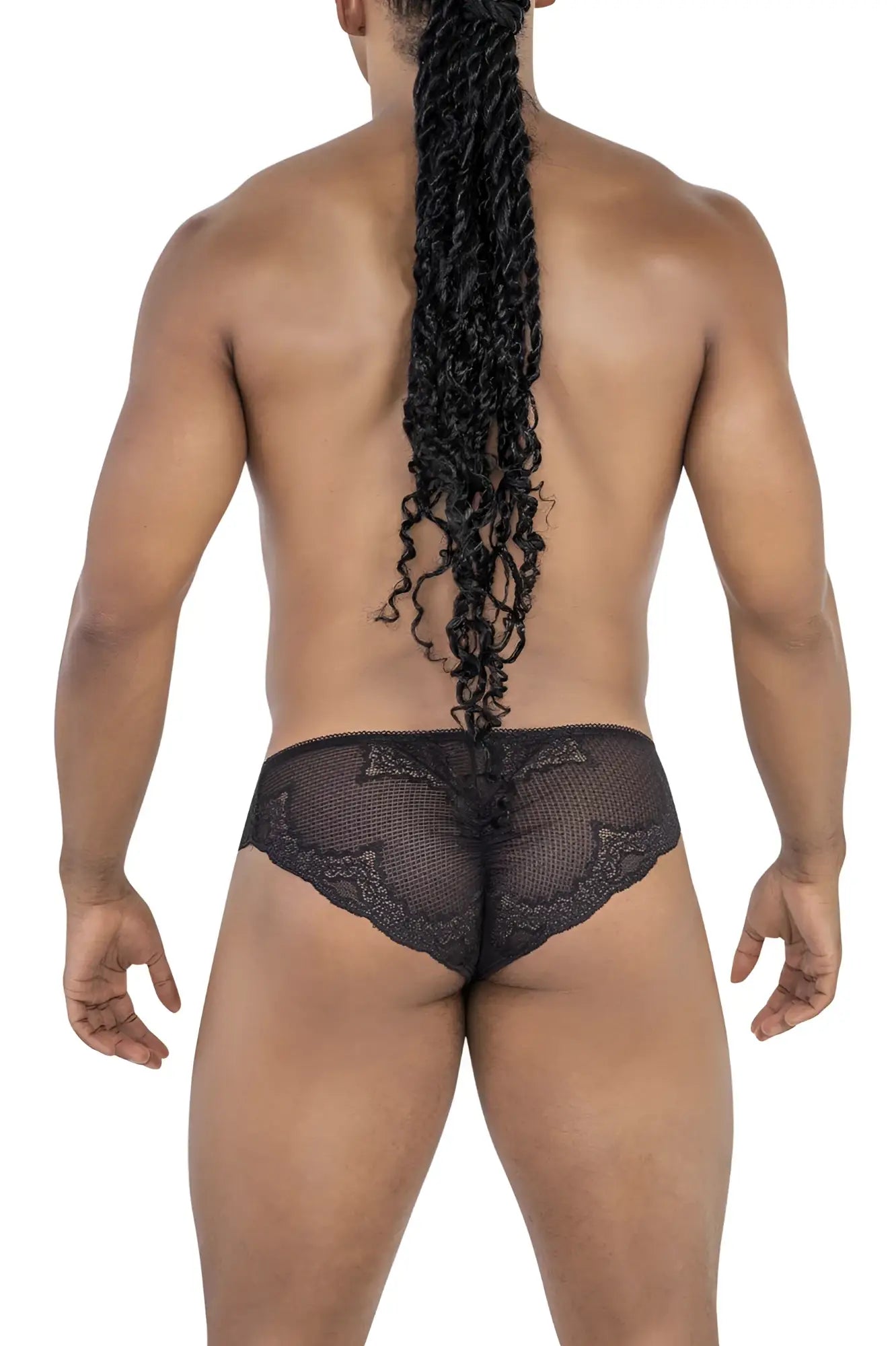 Black CandyMan 99769 lace briefs with sheer mesh design and intricate patterned trim