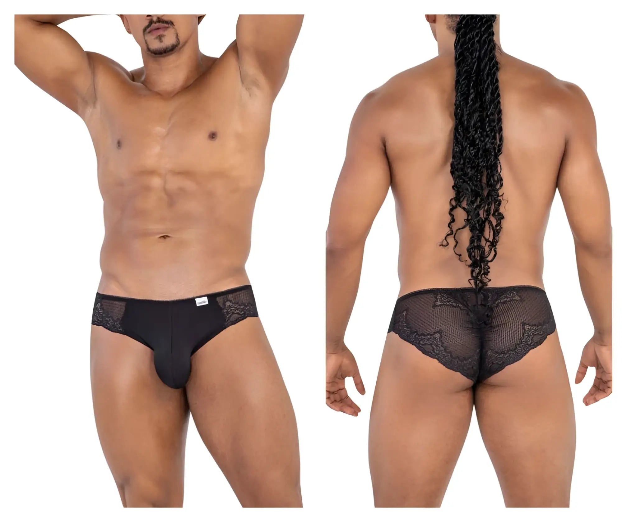 Black lace-trimmed men’s briefs candyMan 99769 with a mesh back panel in black color for stylish comfort