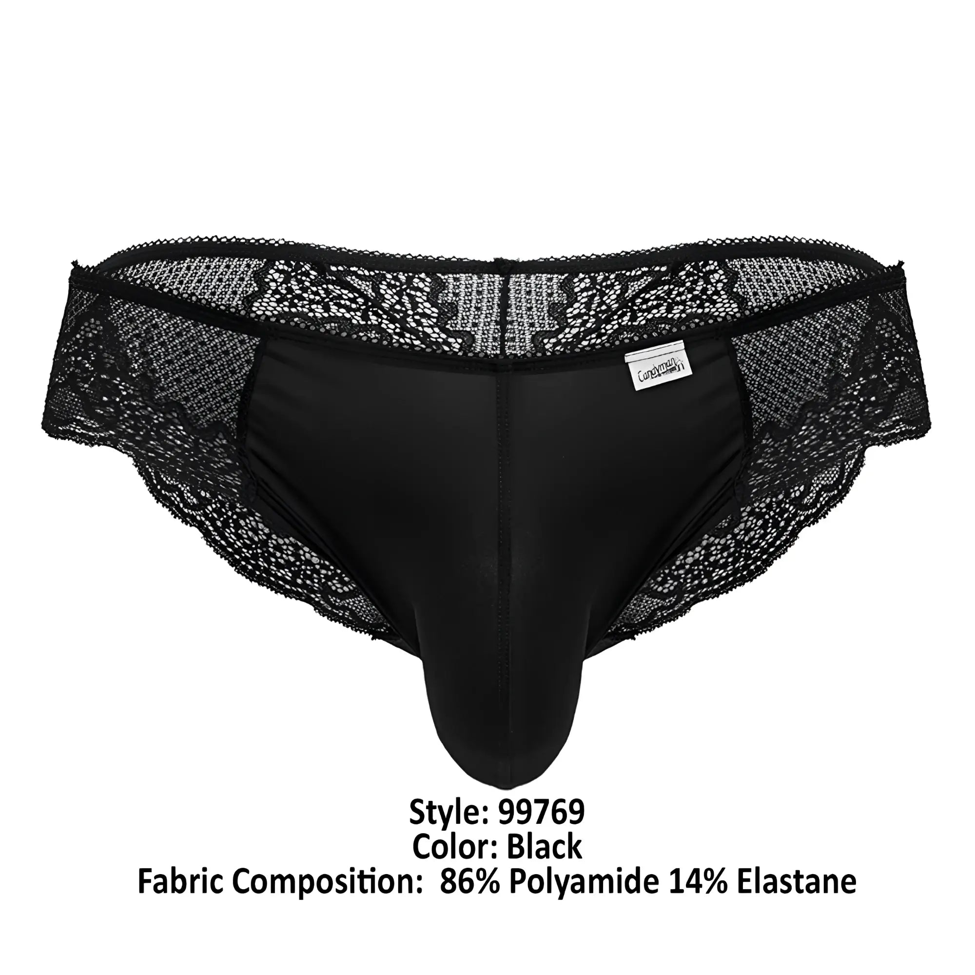 Black lace-trimmed men’s briefs candyman 99769 with smooth, form-fitting design in black color