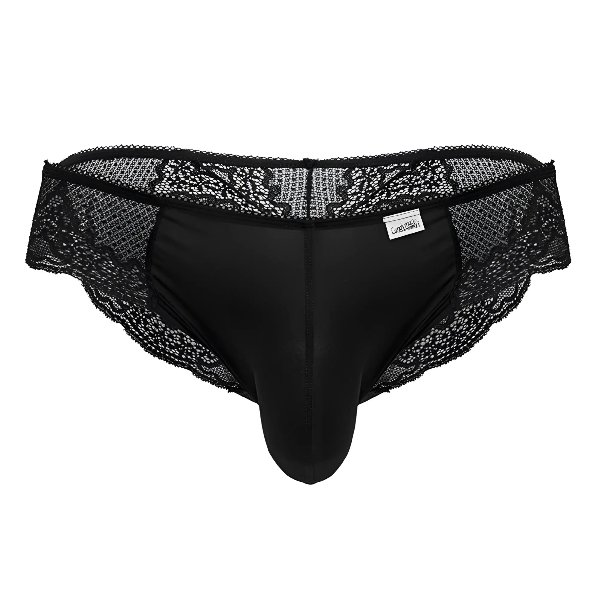 CandyMan 99769 black men’s briefs with satin main body and black lace floral embroidery along the waistband