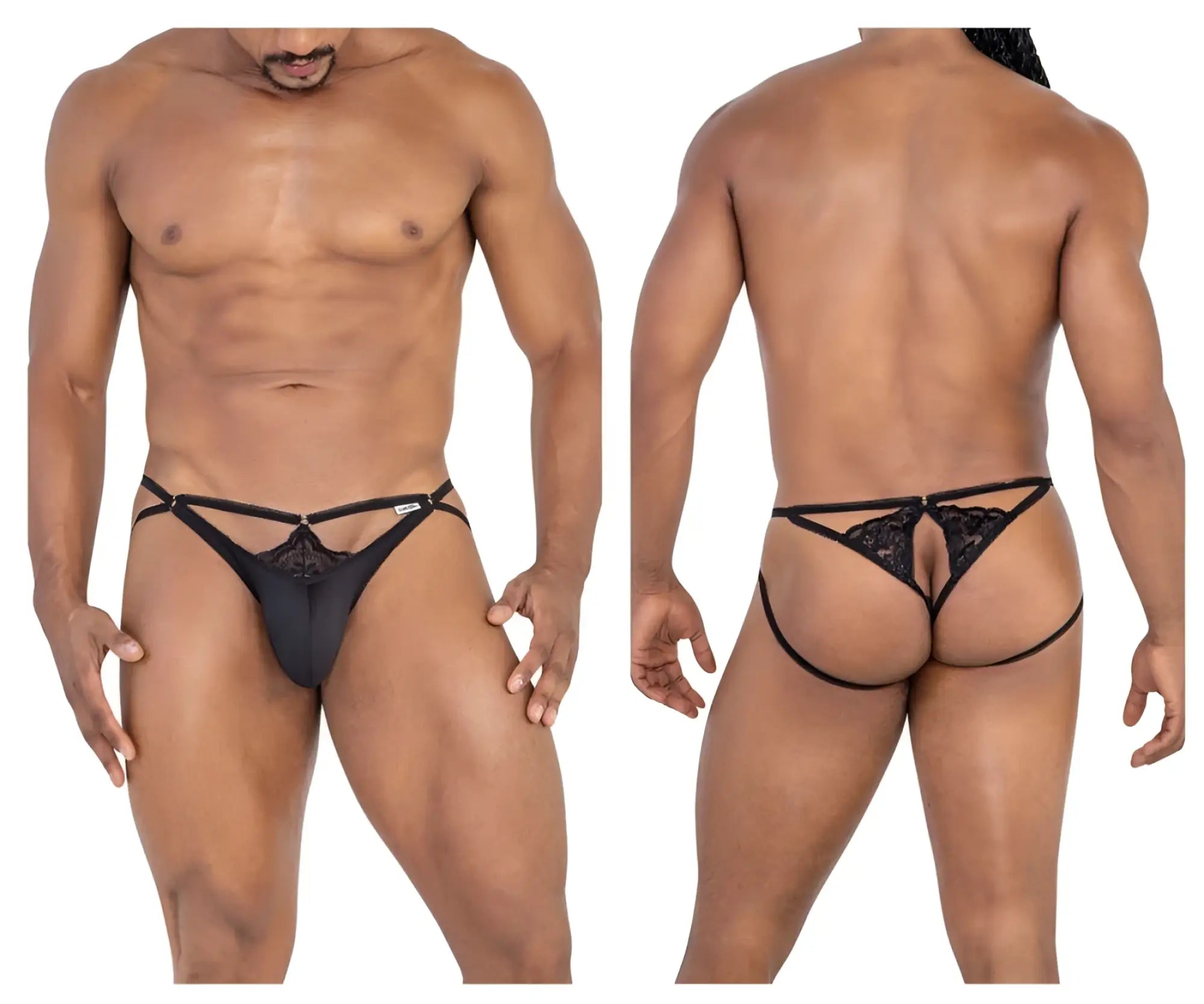 Black candyMan 99770 lace jock thong featuring a central decorative panel and side straps