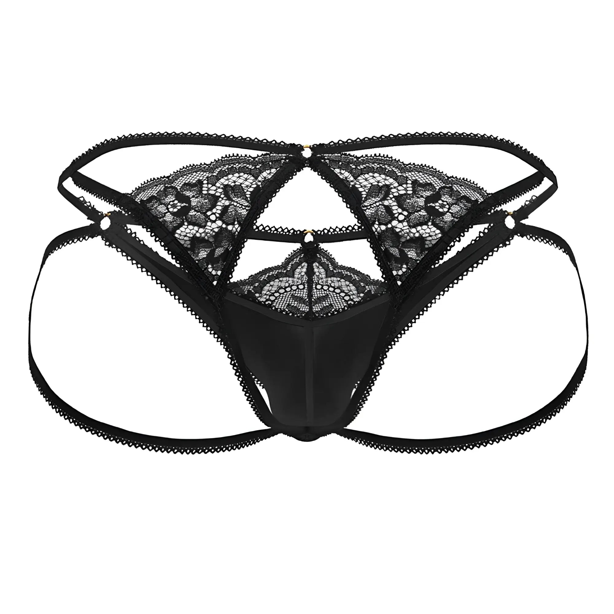 Black lace thong candyMan 99770 with intricate floral patterns and satin-like fabric in black color front view
