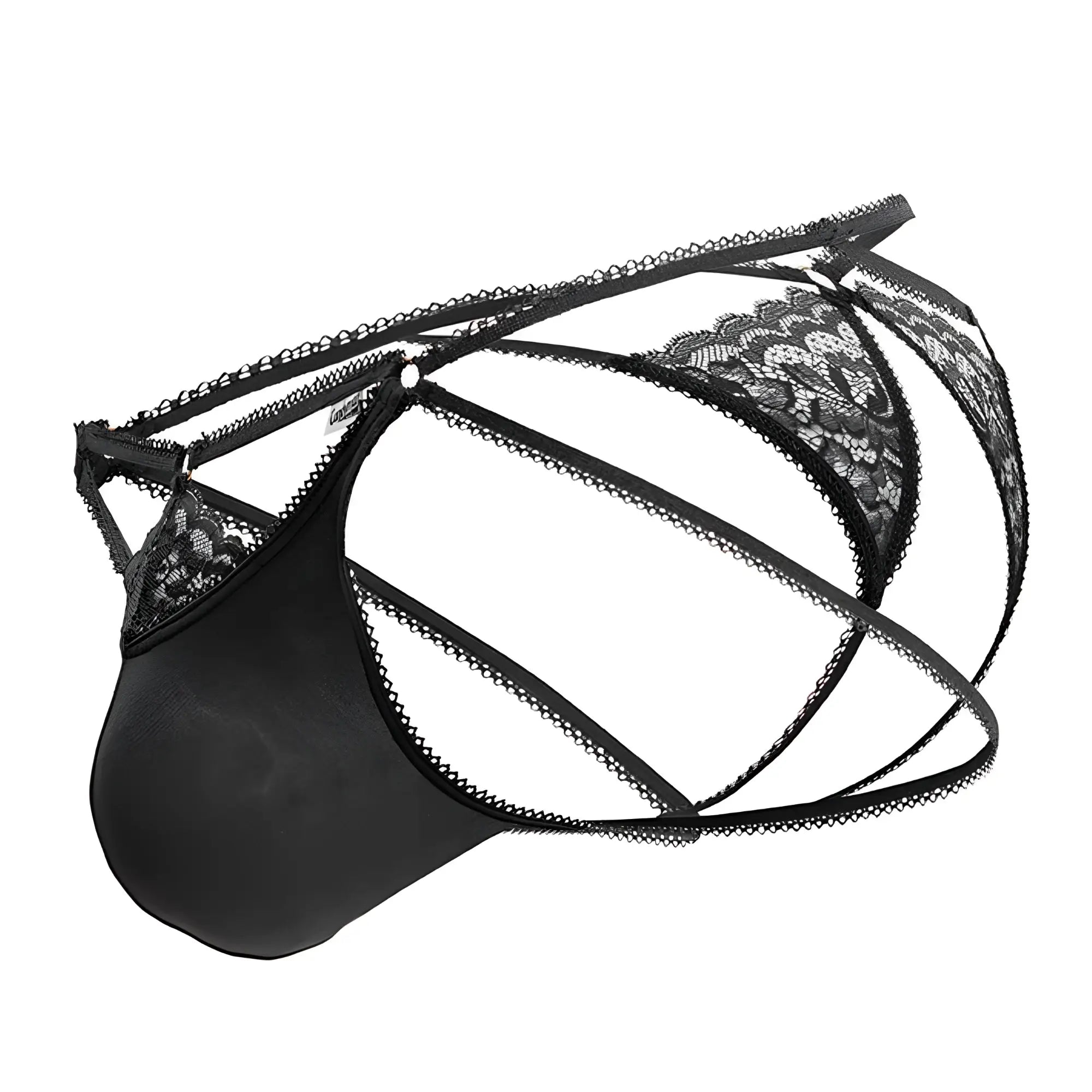 Black lace trimmed mens lingerie candyMan 99770 lace jock thongs with solid black panel and crisscross straps