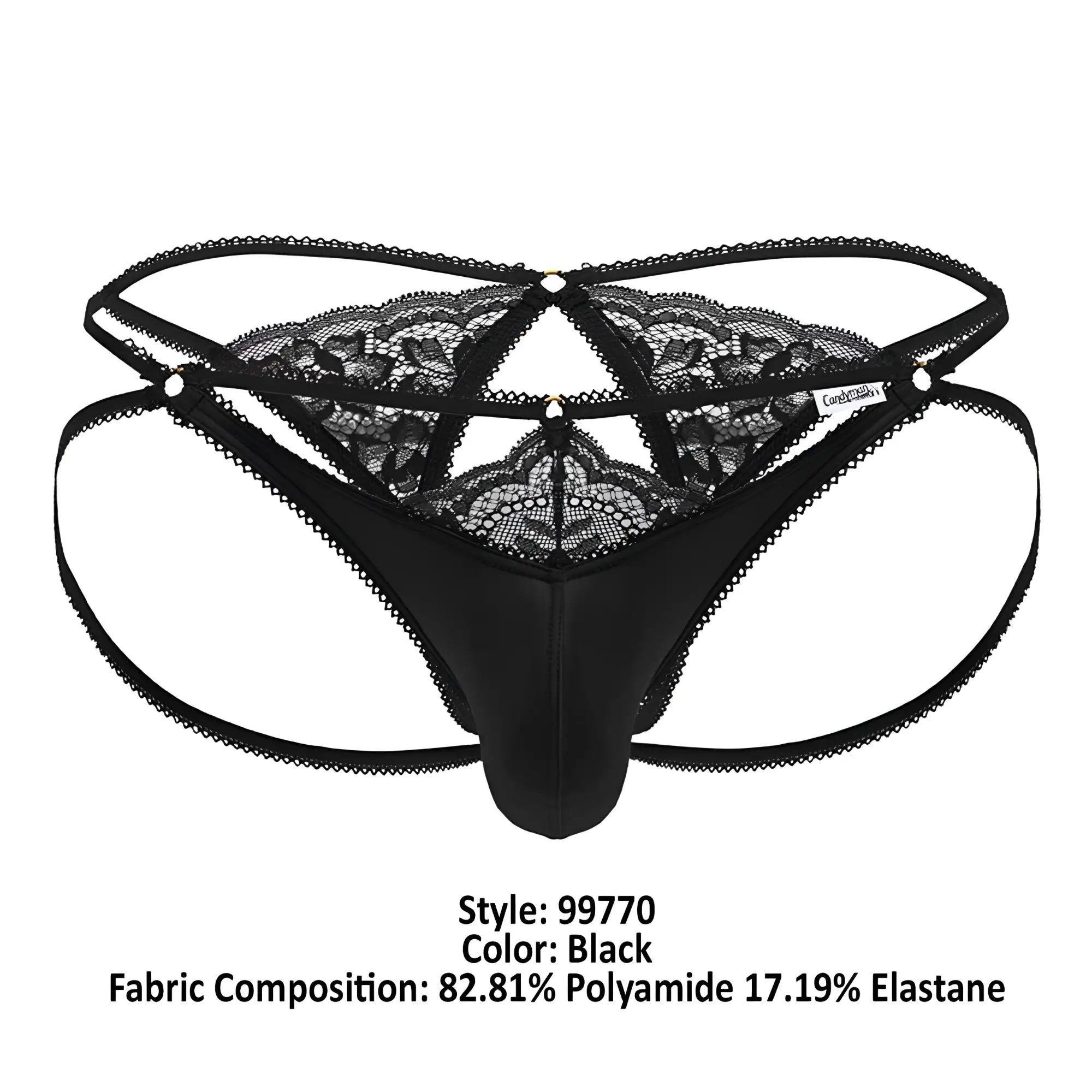 Black lace-trimmed CandyMan 99770 lace jock thong with central floral pattern and adjustable straps in black