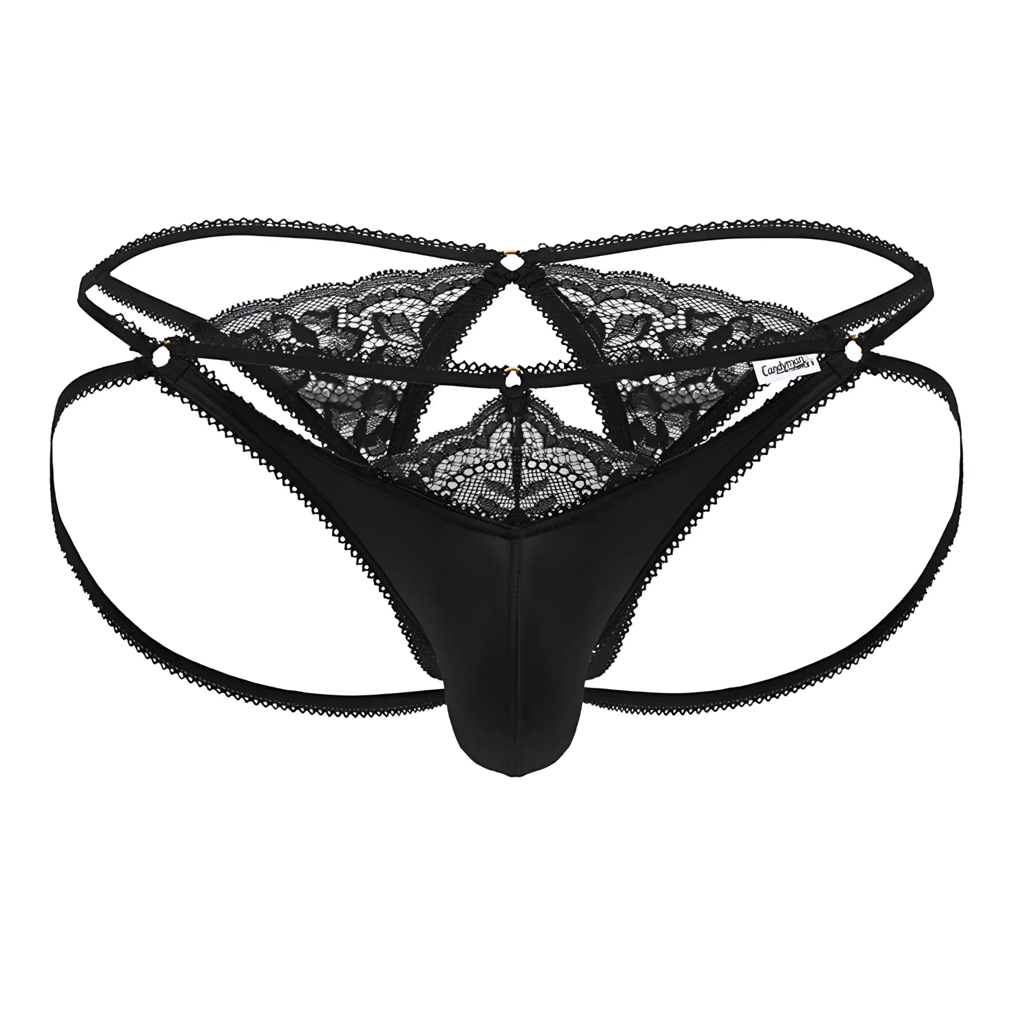 Black candyMan 99770 lace jock thong with satin front panel and crisscross back straps shown from the back side