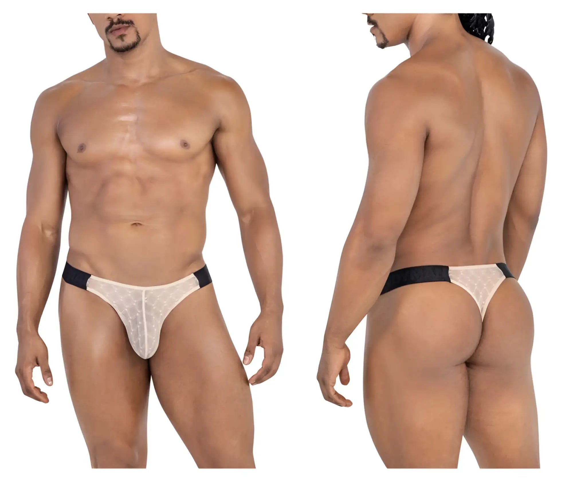 Beigemesh thong with black elastic waistband featuring lace design from CandyMan 99771 collection front view