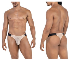 Beigemesh thong with black elastic waistband featuring lace design from CandyMan 99771 collection front view