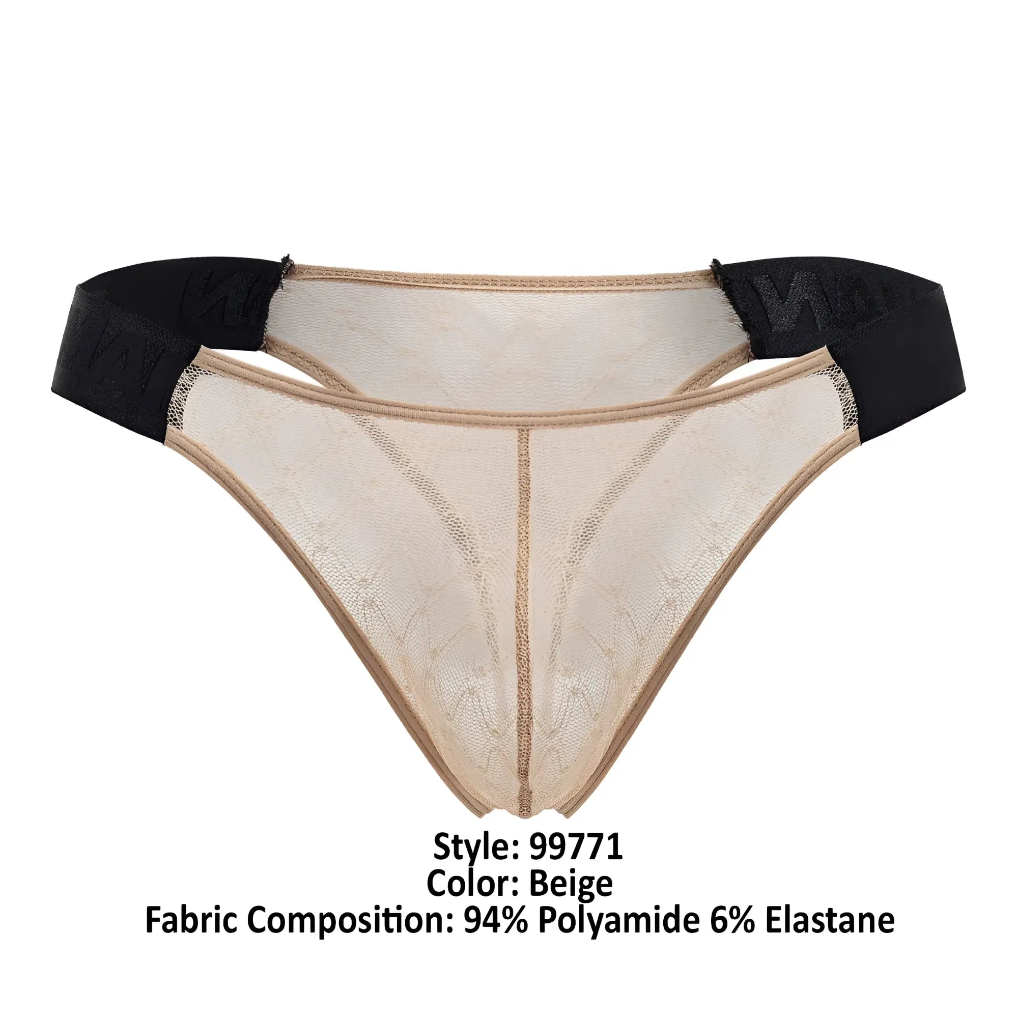 Beige lace thong with black elastic waistband from candyman 99771 mesh thongs collection