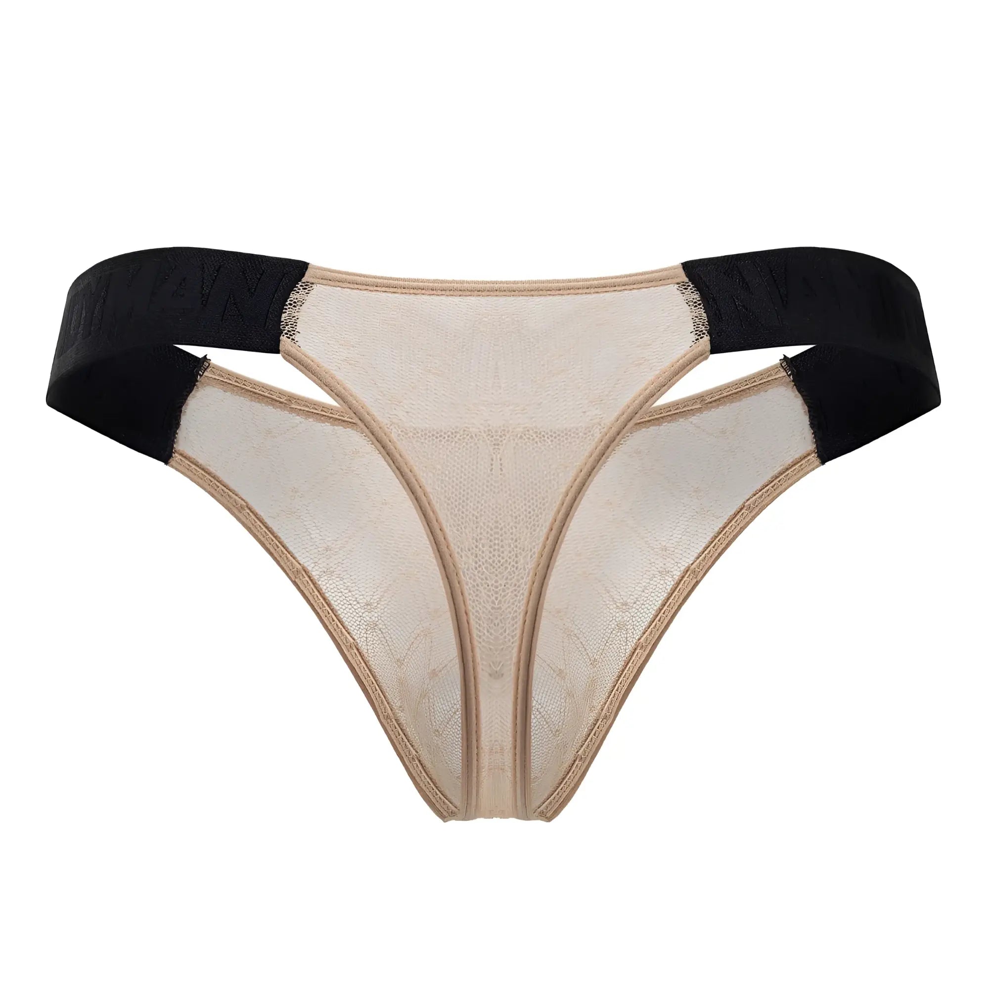 Beige mesh lace thong with black elastic waistband candyMan 99771 showing front side design