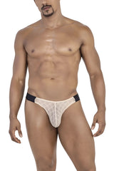 Beigе lace thong with black elastic waistband from candyman 99771 mesh thongs collection shown from front side