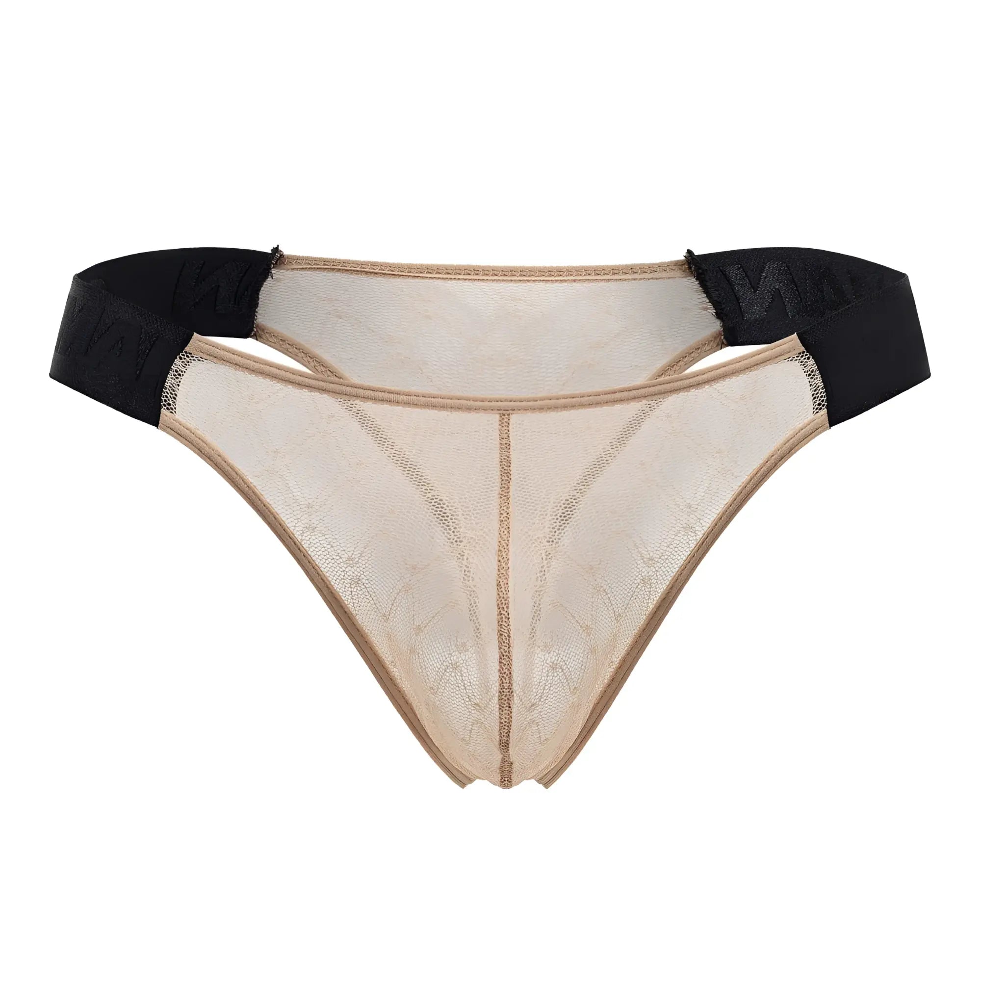 Beigelace thong with black elastic waistband from candyman 99771 mesh thongs in beige shown from the back side