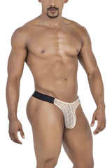 Beige lace thong with black waistband mesh material from candyman 99771 collection shown from the back side