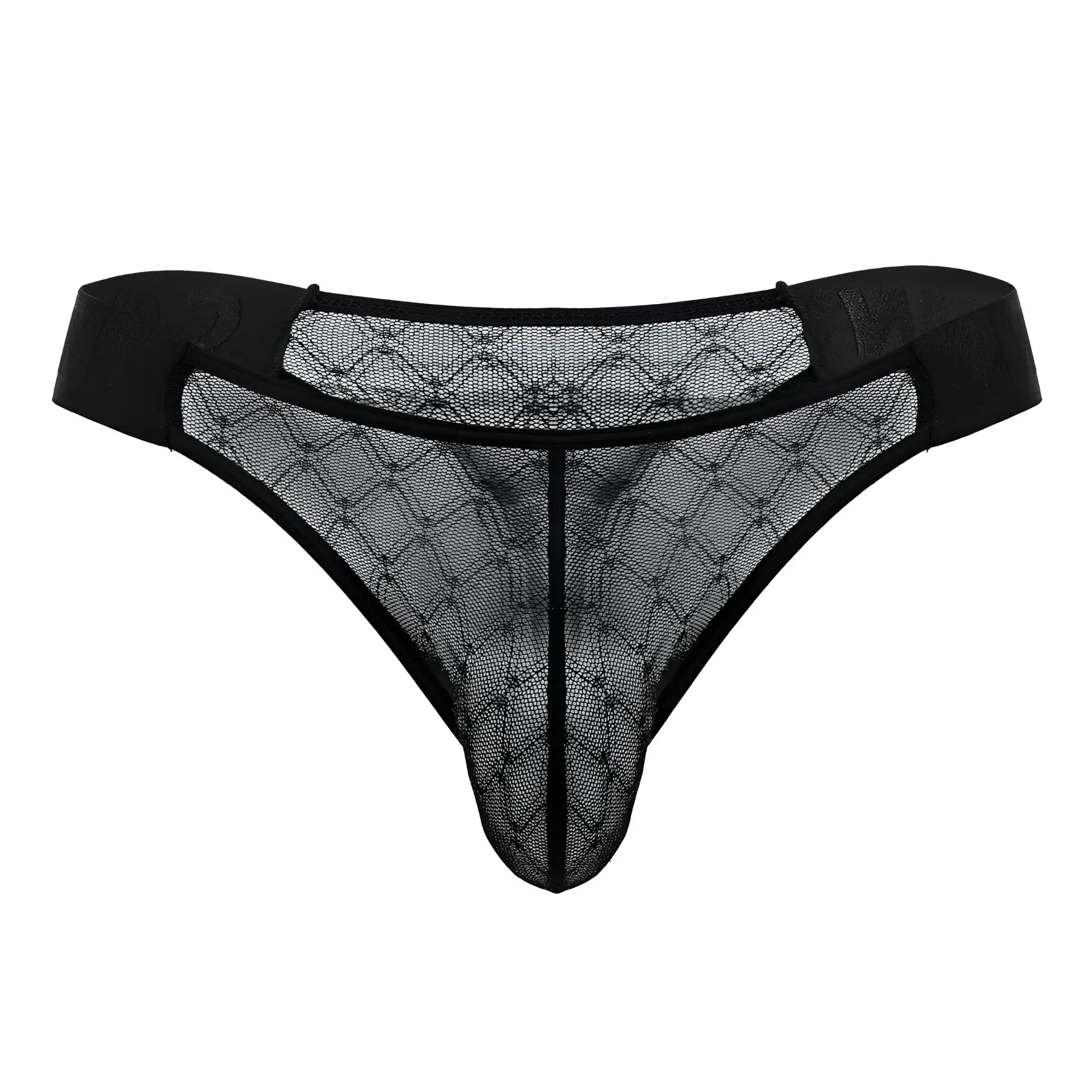 Black CandyMan 99771 mesh thong featuring diamond-patterned lace and solid fabric waistband