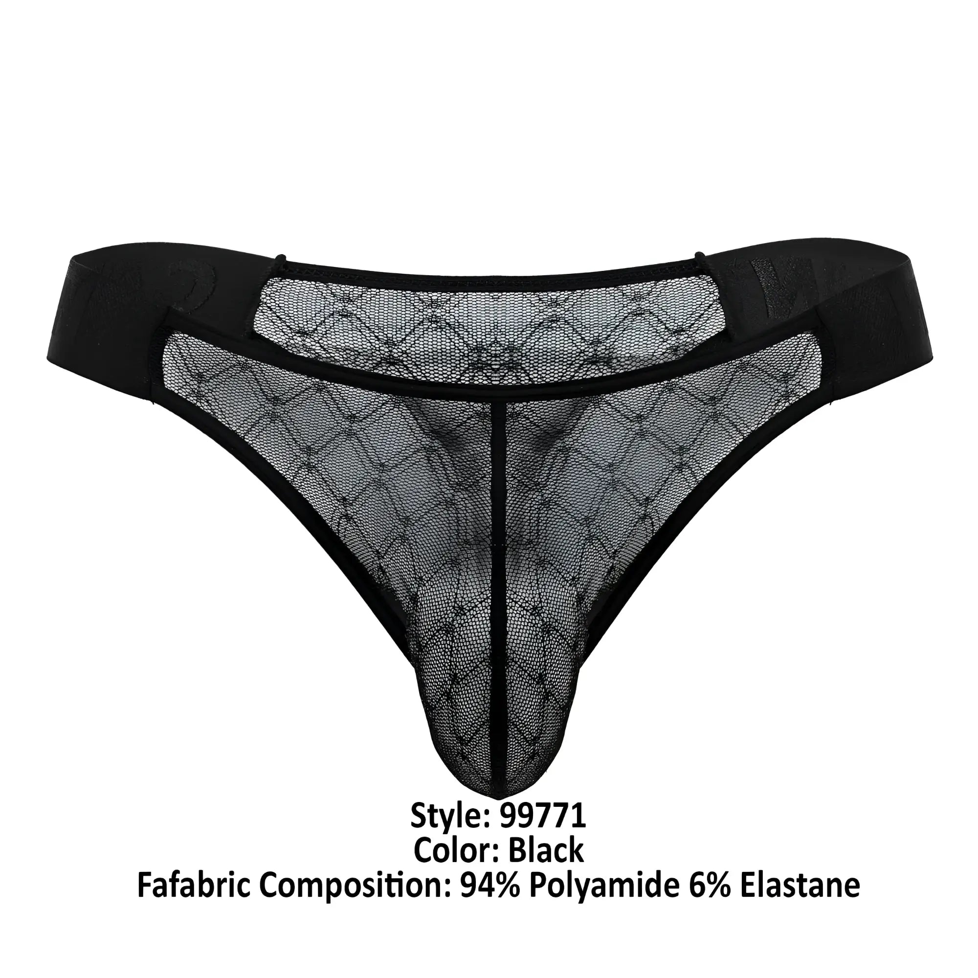 Black CandyMan 99771 mesh thong with diamond-patterned lace and elastic waistband for comfortable wear