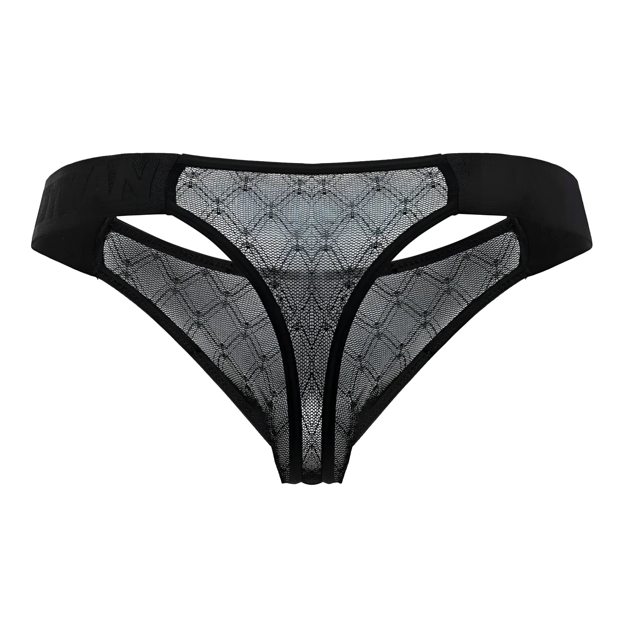 Black candyMan 99771 mesh thong with diamond-patterned lace and solid elastic waistband for intimate wear