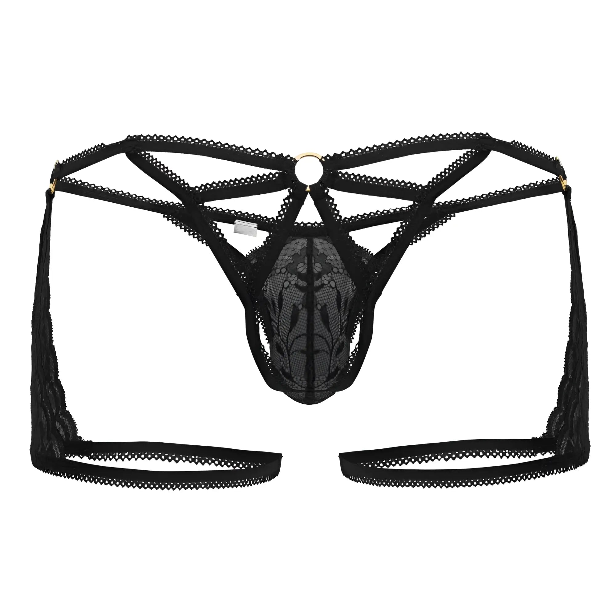 Black lace thong candyMan 99773 with intricate floral patterns and central circular metal ring in black color