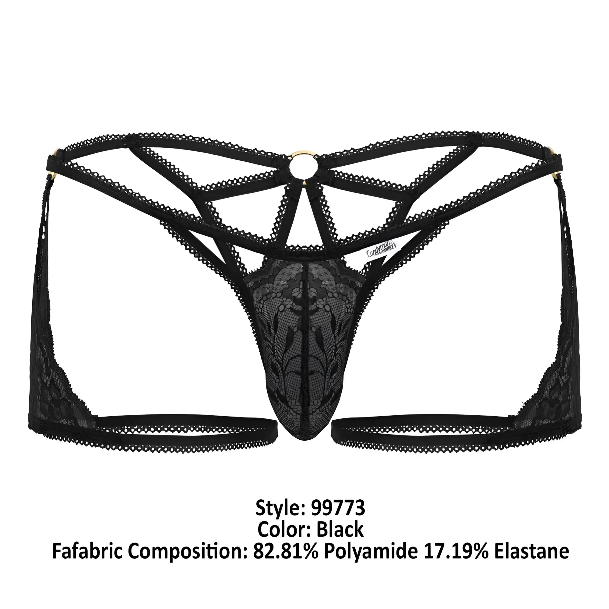 Back view of candyman 99773 black lace thong with intricate floral patterns and central circular metal ring